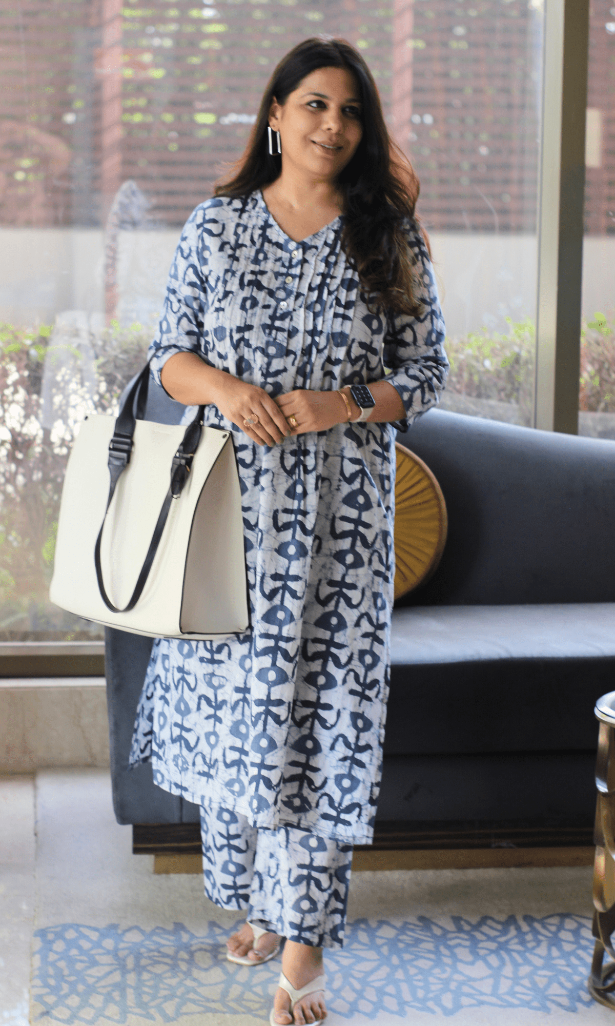 Cotton Blue Earthy Handblock Printed Pleated Kurta & Pant Co - ord - Baareeki