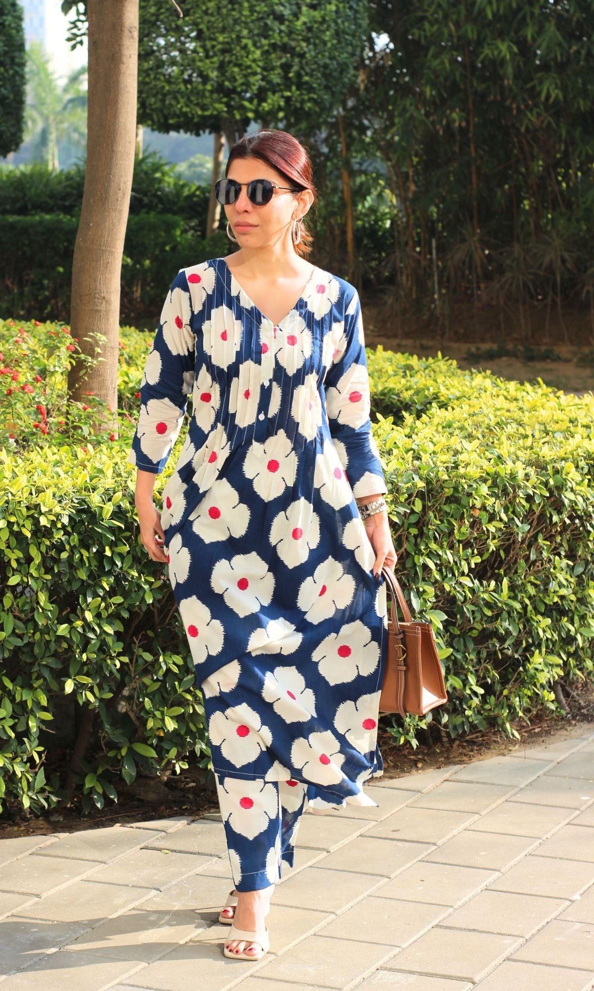 Cotton Blue & Pink Hibiscus Printed Coord - Baareeki