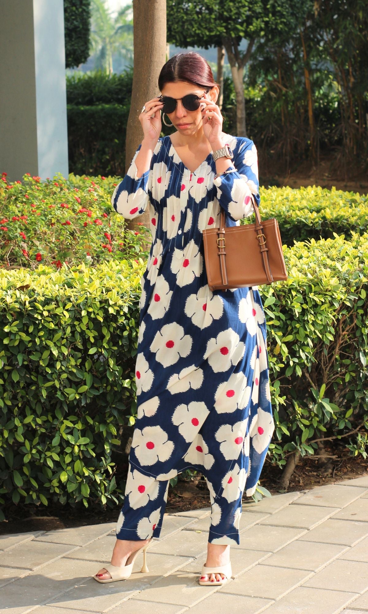 Cotton Blue & Pink Hibiscus Printed Coord - Baareeki
