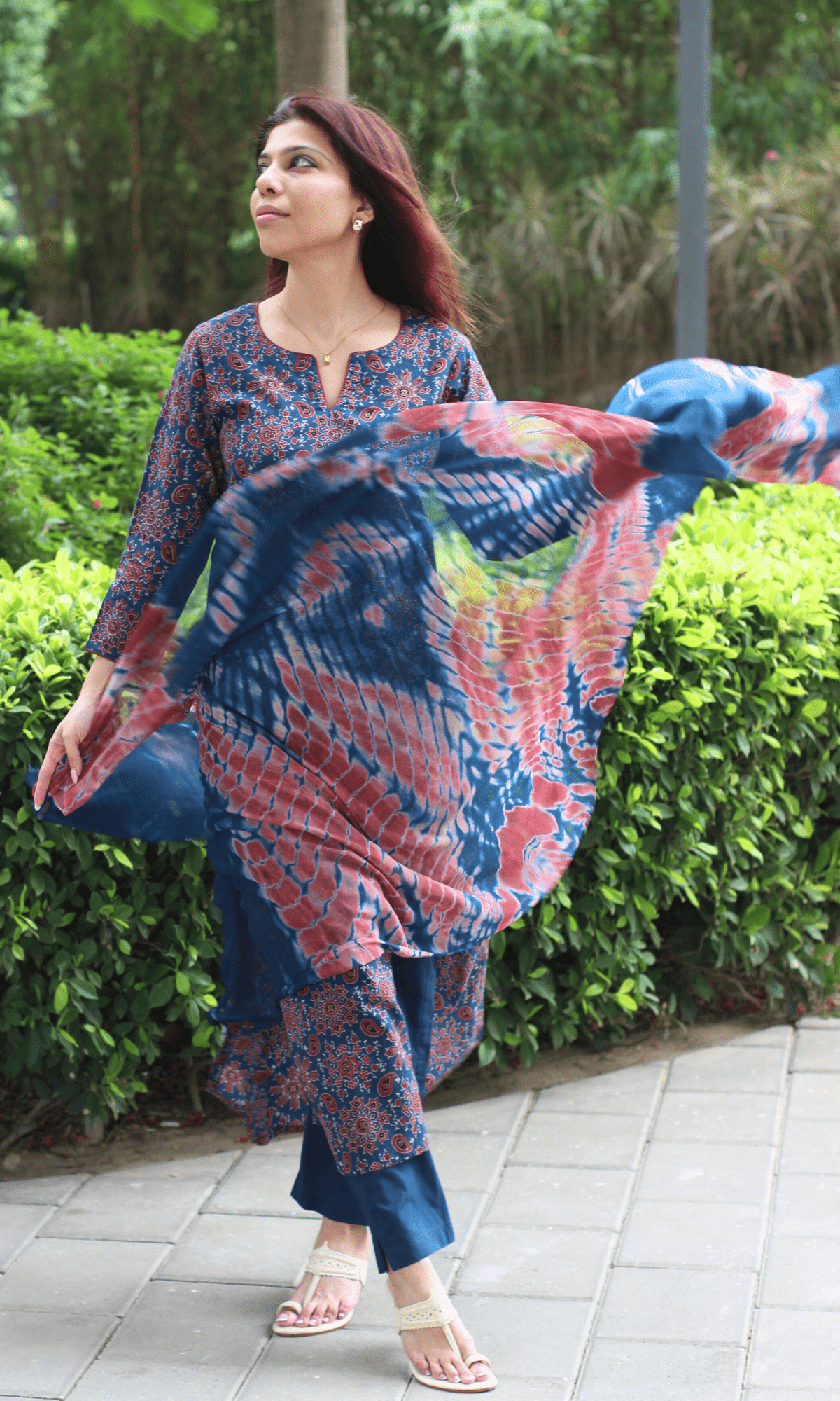 Cotton Blue & Red Ajrakh Print Kurta, Solid Pants & Shibori Chiffon Dupatta - Baareeki