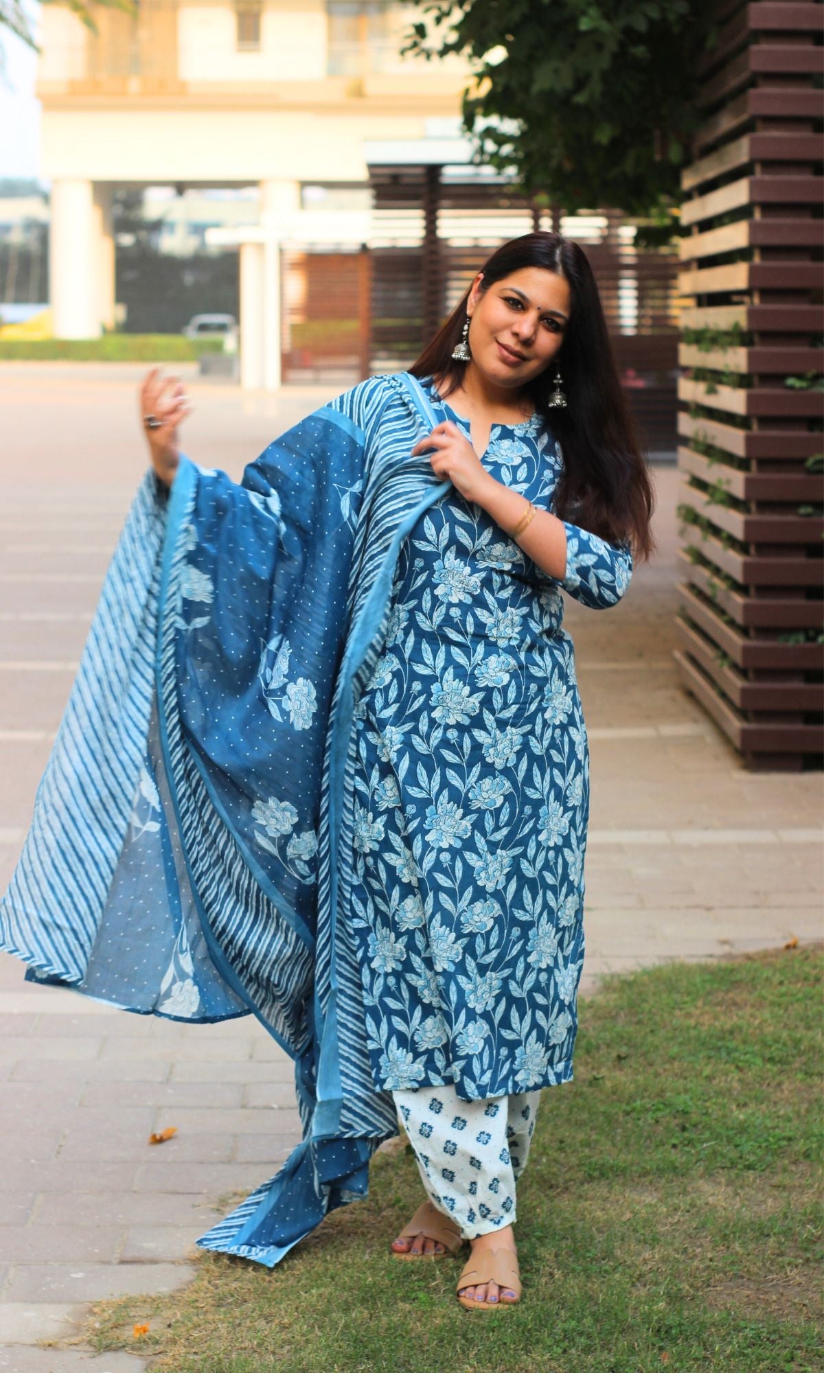 Cotton Blue & White Floral Print Suit with Afgani Pants & Cotton Dupatta - Baareeki