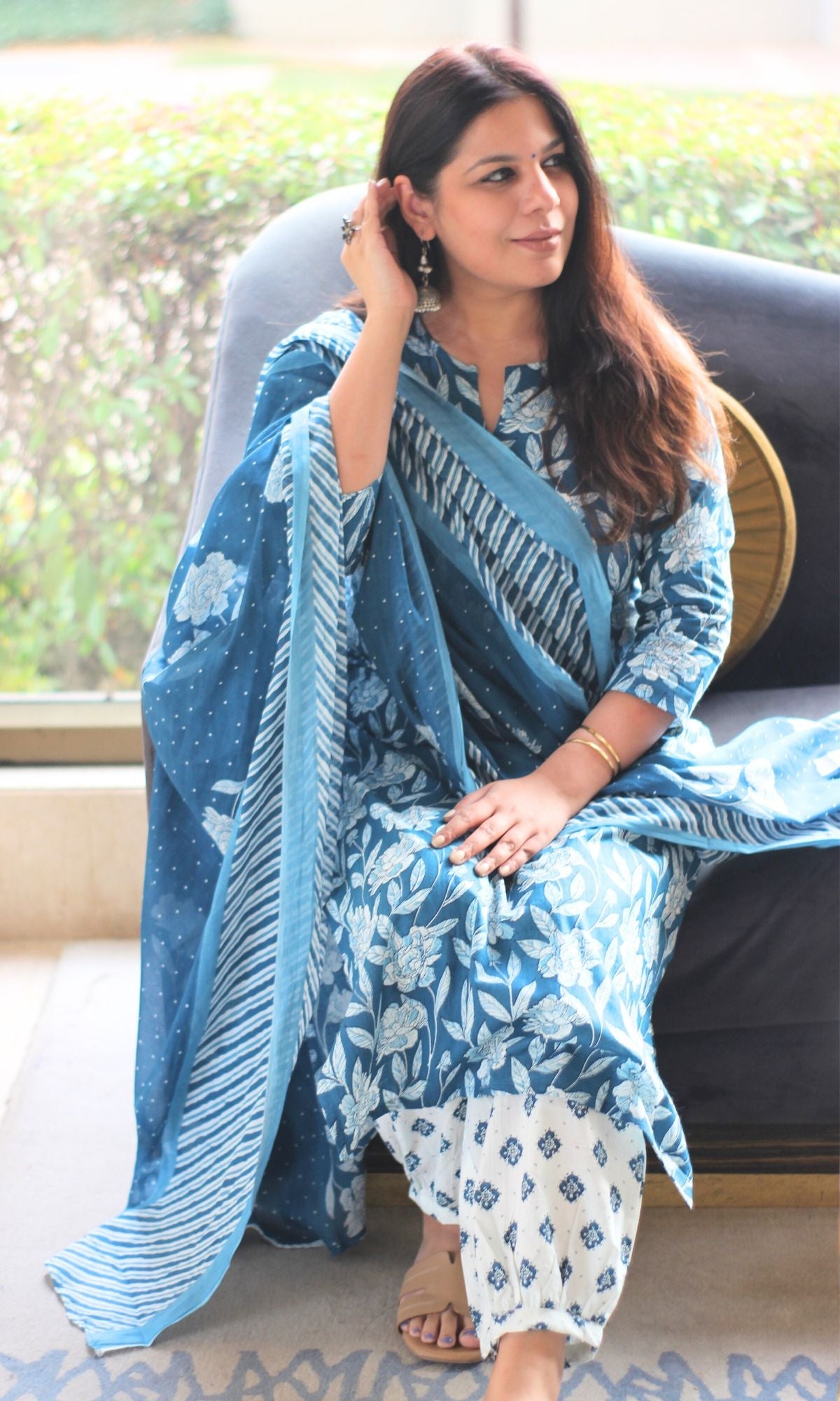Cotton Blue & White Floral Print Suit with Afgani Pants & Cotton Dupatta - Baareeki