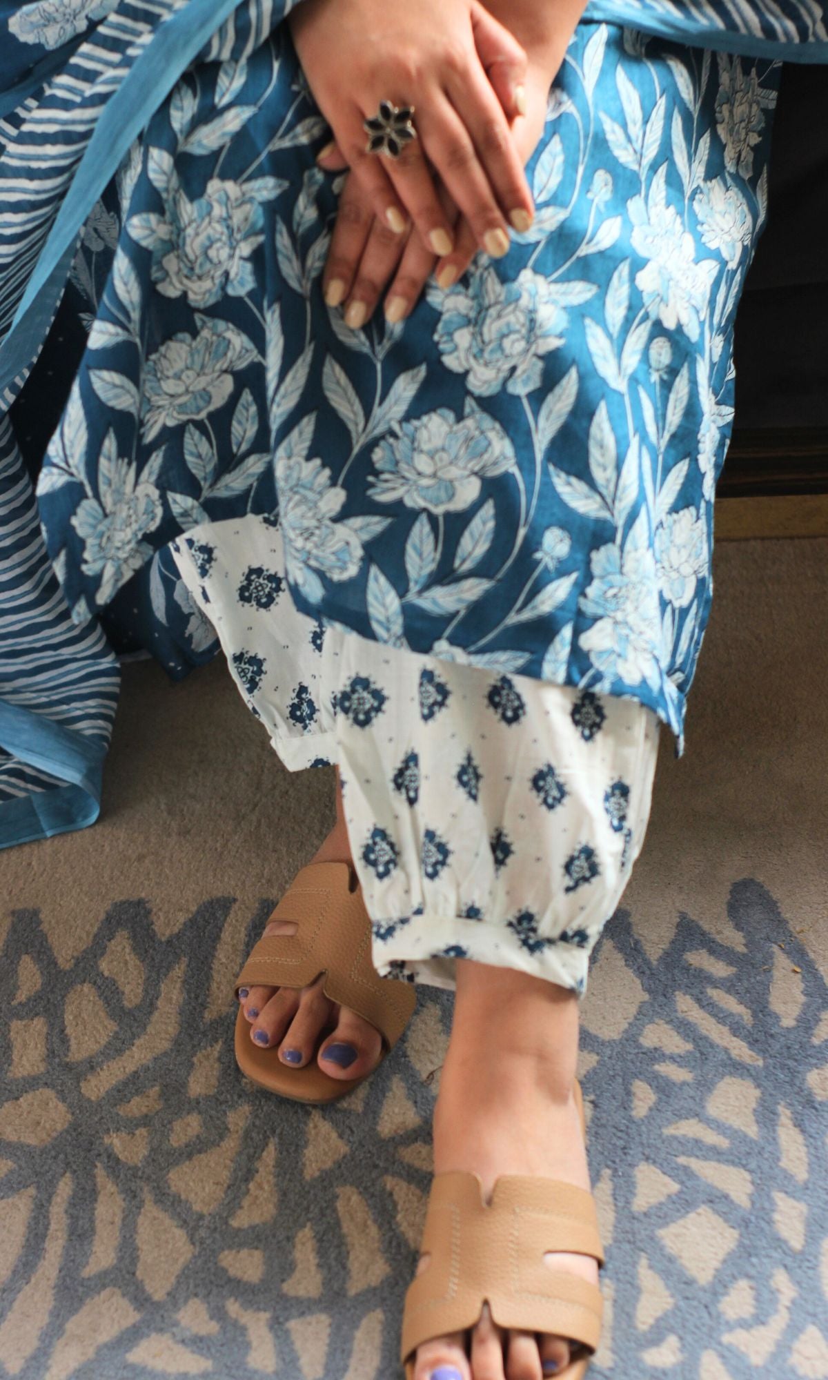 Cotton Blue & White Floral Print Suit with Afgani Pants & Cotton Dupatta - Baareeki
