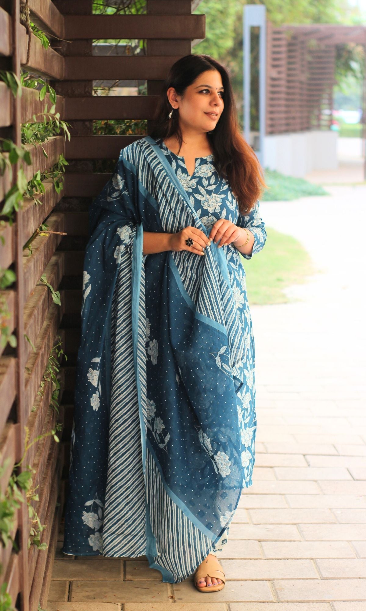 Cotton Blue & White Floral Print Suit with Afgani Pants & Cotton Dupatta - Baareeki