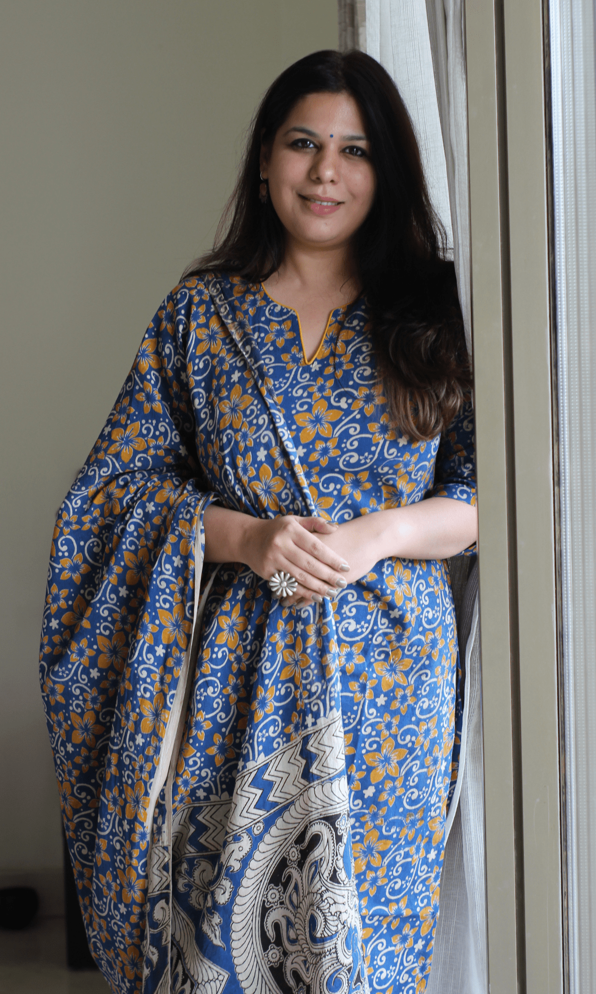 Cotton Blue & Yellow Handblock Kalamkari Kurta & Dupatta - Baareeki