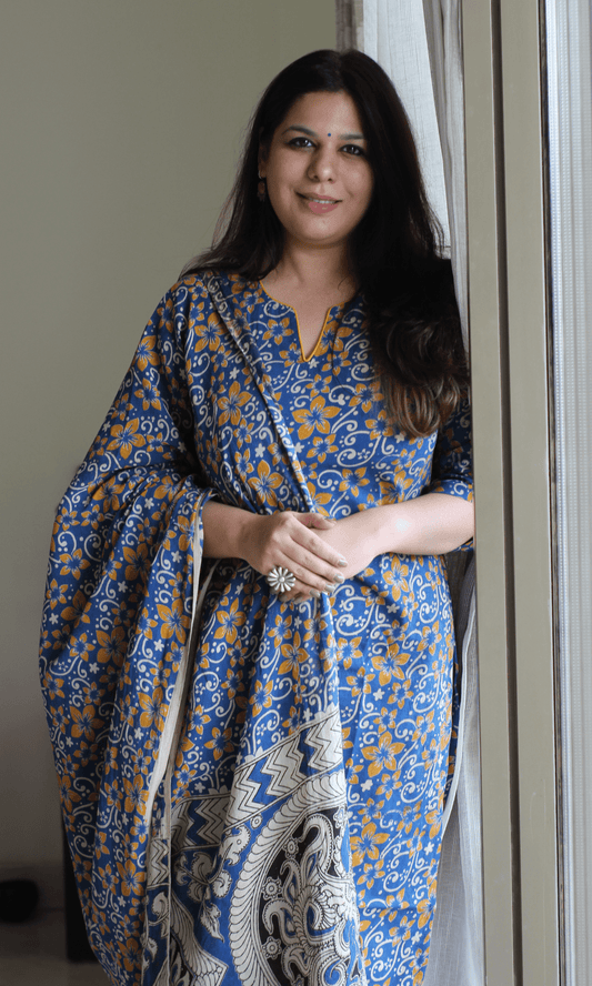 Cotton Blue & Yellow Handblock Kalamkari Kurta & Dupatta - Baareeki