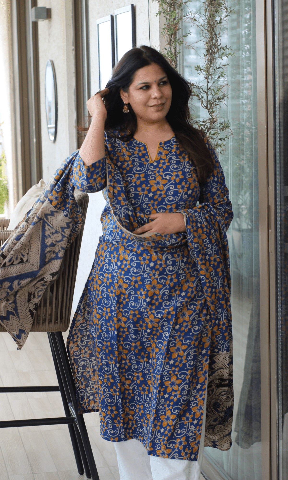 Cotton Blue & Yellow Handblock Kalamkari Kurta & Dupatta - Baareeki