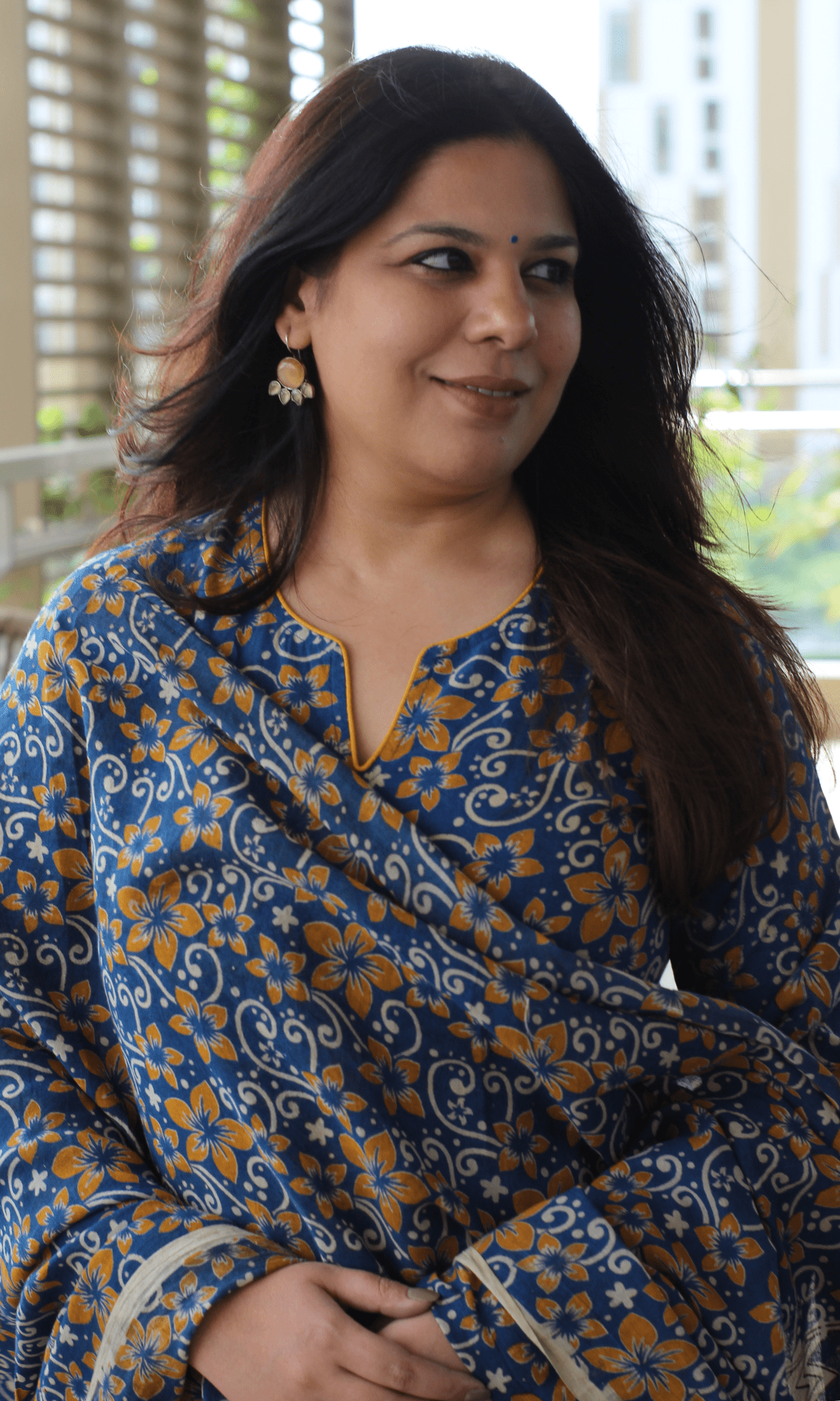 Cotton Blue & Yellow Handblock Kalamkari Kurta & Dupatta - Baareeki