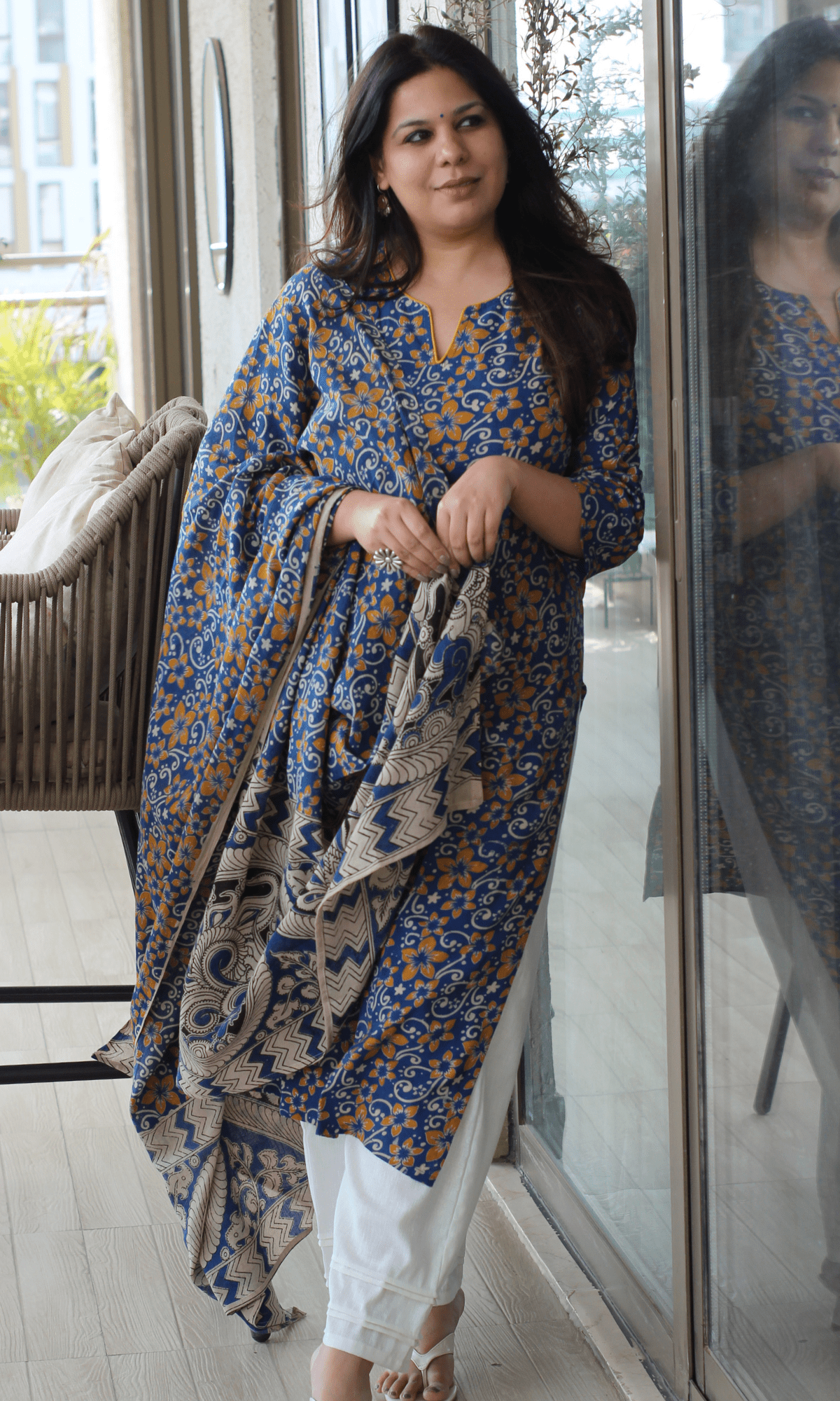 Cotton Blue & Yellow Handblock Kalamkari Kurta & Dupatta - Baareeki