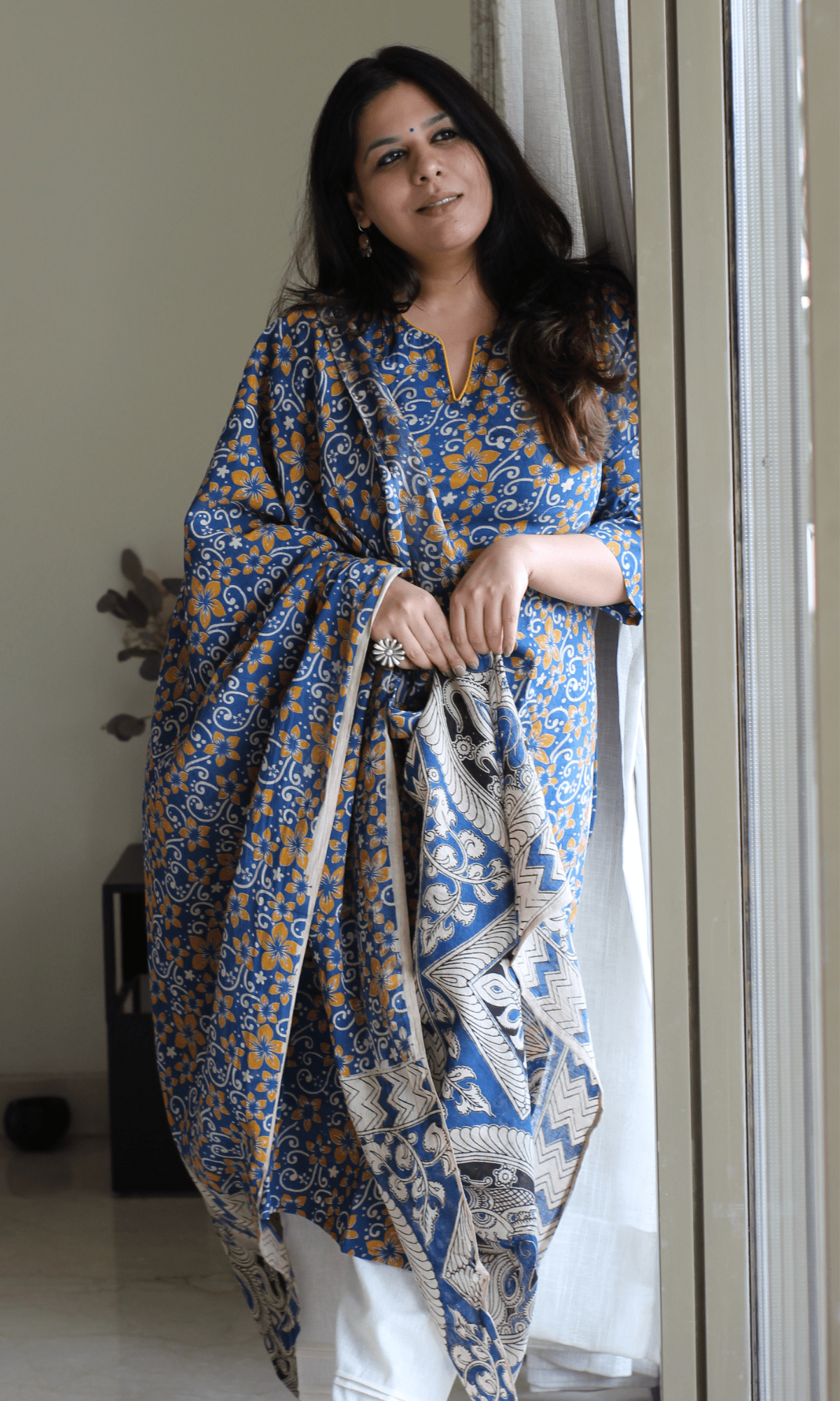 Cotton Blue & Yellow Handblock Kalamkari Kurta & Dupatta - Baareeki