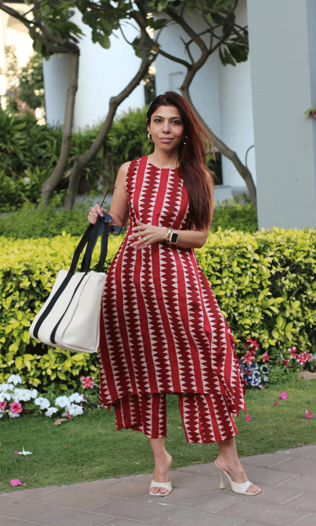 Cotton Brick Red High Neck High Low Sleeveless Coord - Baareeki