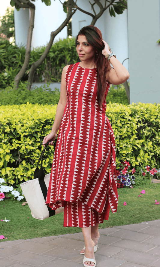 Cotton Brick Red High Neck High Low Sleeveless Coord - Baareeki