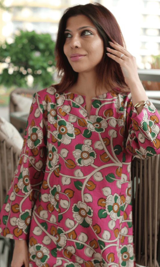 Cotton Bright Pink Floral Kalamkari Kali Kurta - Baareeki