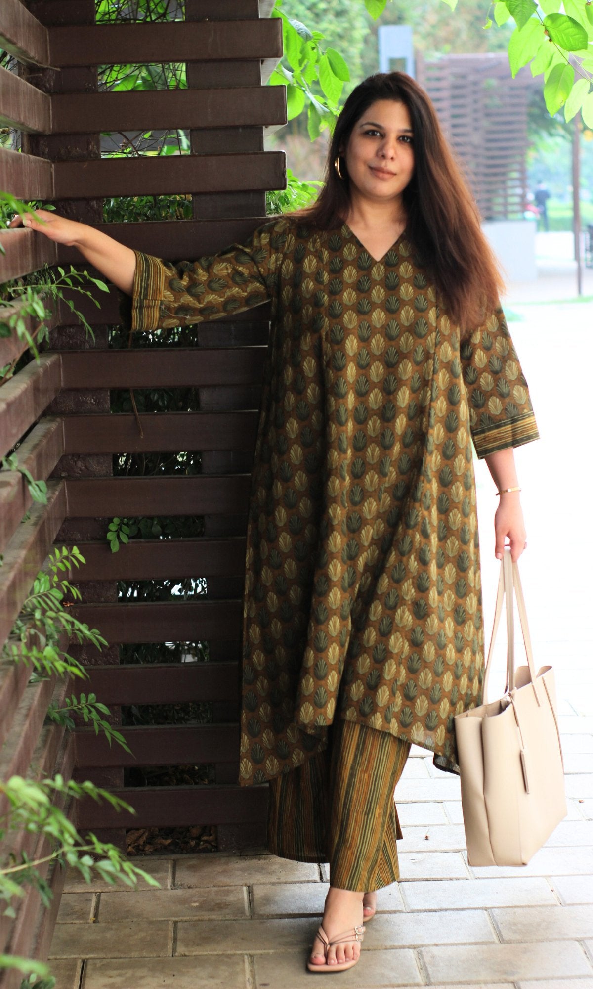 Cotton Brown Ajrakh Print High Low Kurta & Pallazo - Baareeki