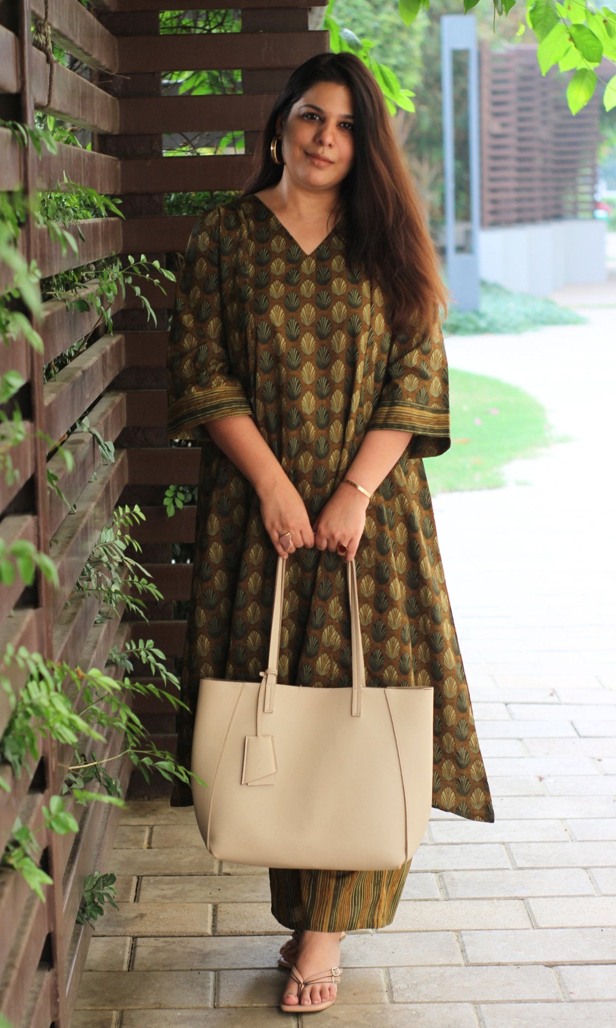 Cotton Brown Ajrakh Print High Low Kurta & Pallazo - Baareeki