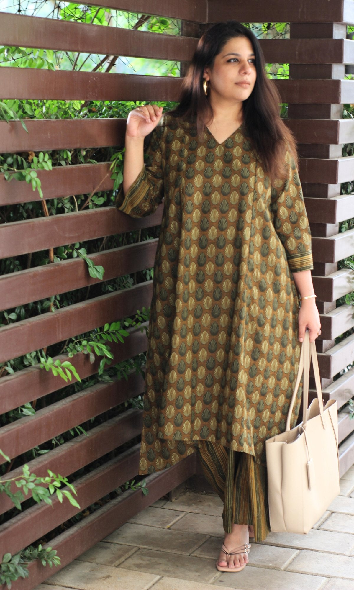 Cotton Brown Ajrakh Print High Low Kurta & Pallazo - Baareeki