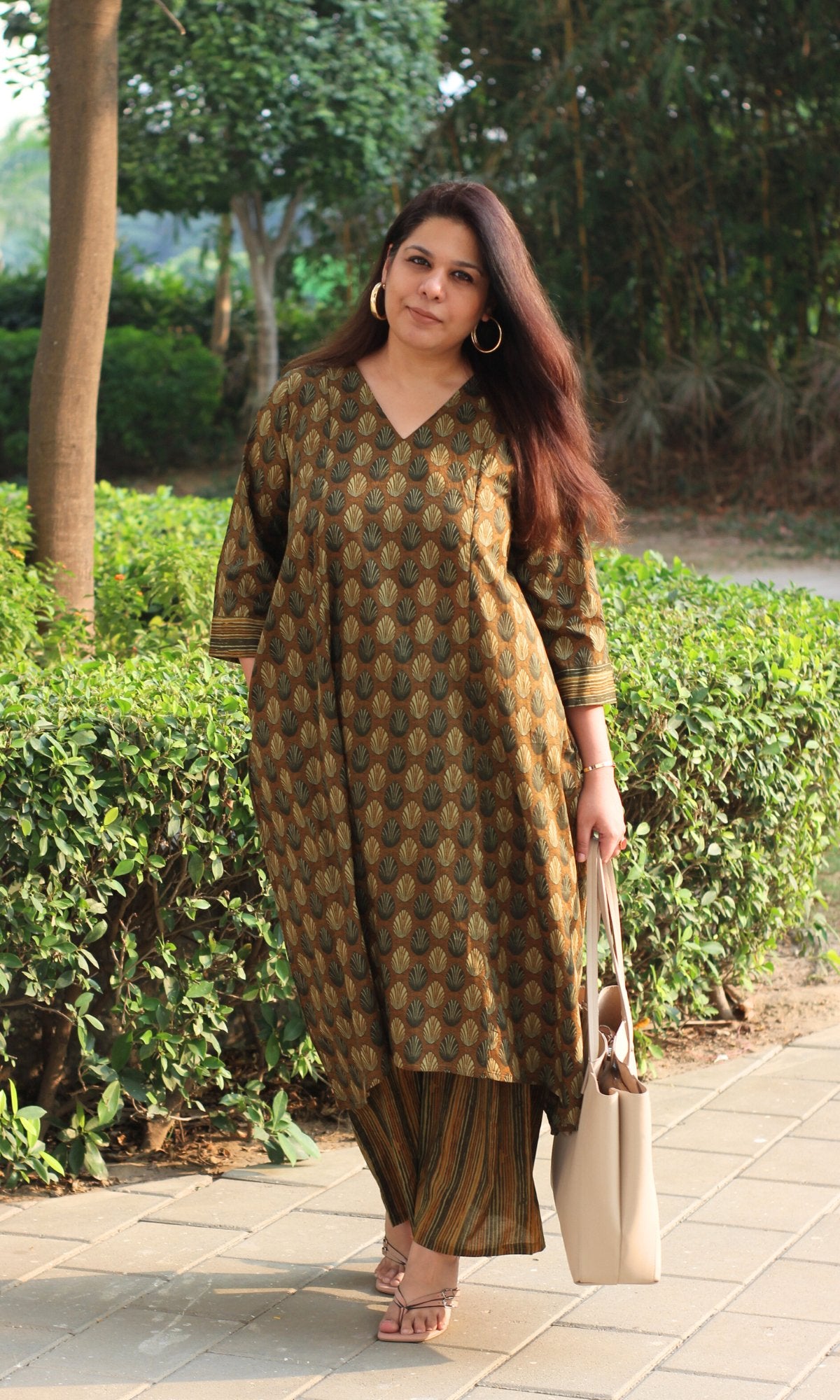 Cotton Brown Ajrakh Print High Low Kurta & Pallazo - Baareeki