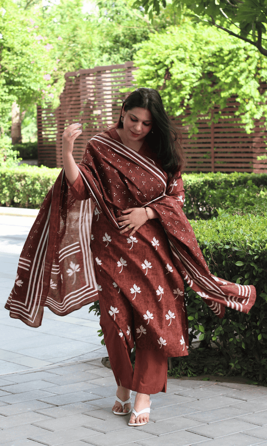 Cotton Brown Maple leaf Print Suit with Cotton Printed Dupatta - Baareeki