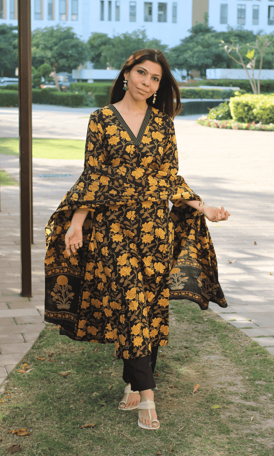 Cotton Brown & Yellow Jahota Print Suit with Cotton Printed Dupatta - Baareeki