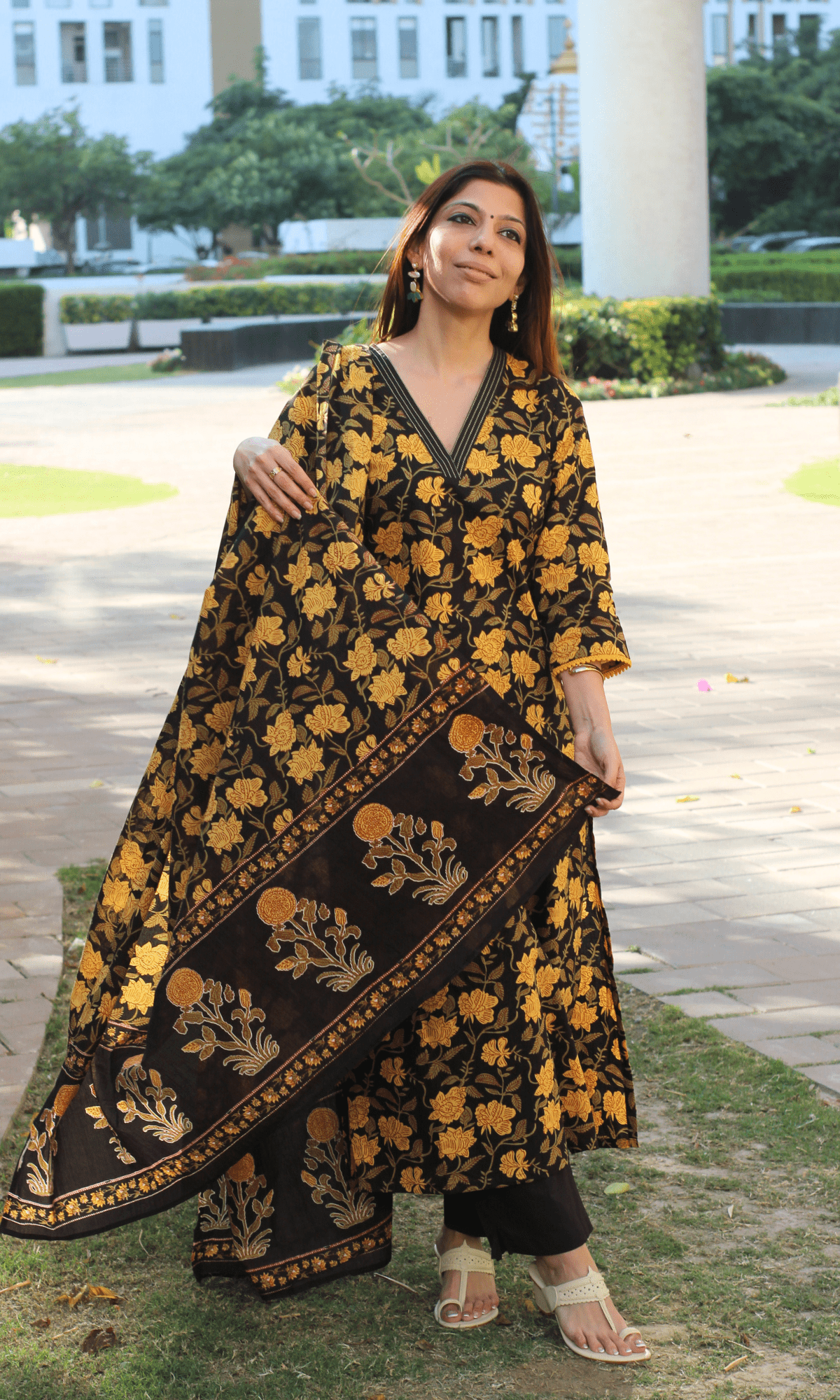 Cotton Brown & Yellow Jahota Print Suit with Cotton Printed Dupatta - Baareeki