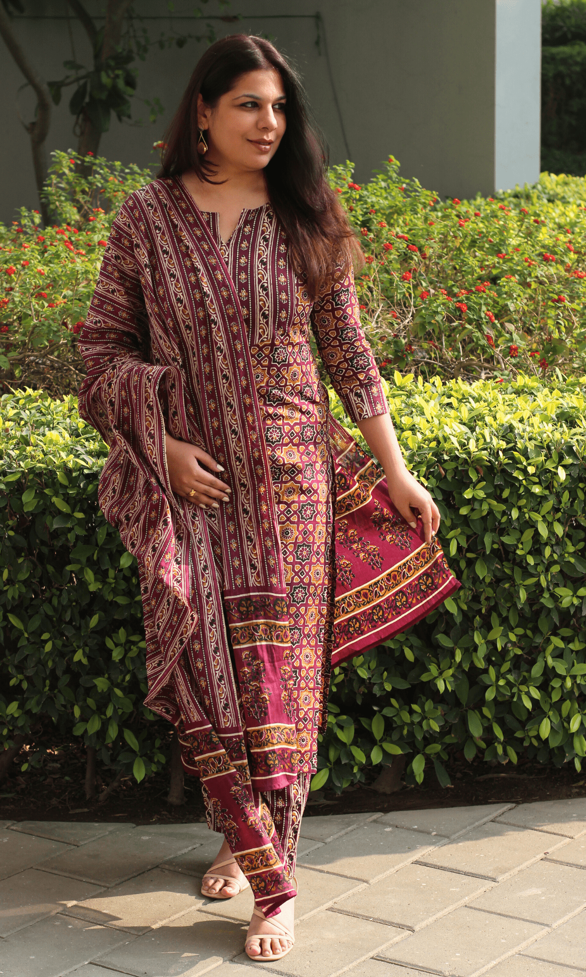 Cotton Burgundy & Yellow Ajrakh Print Suit With Cotton Dupatta - Baareeki