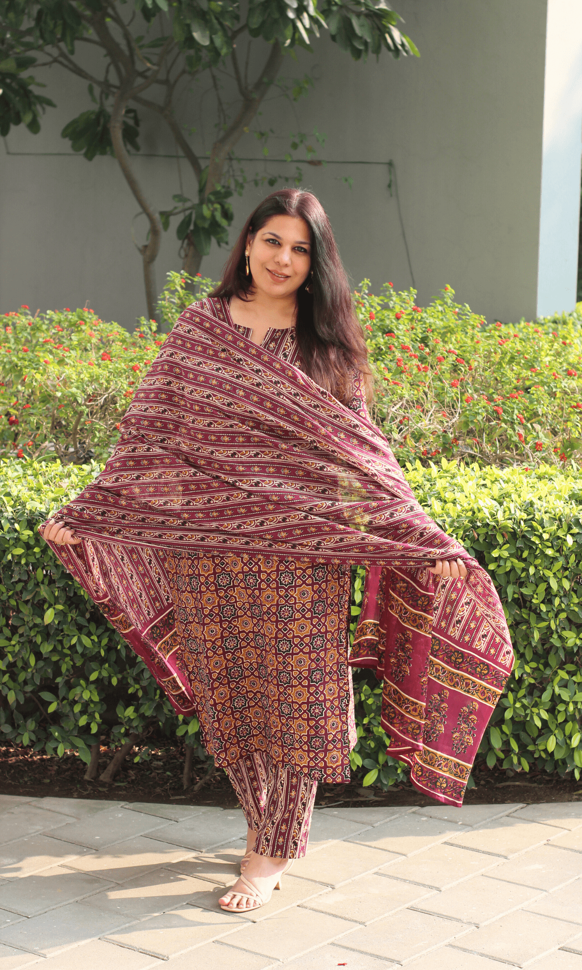 Cotton Burgundy & Yellow Ajrakh Print Suit With Cotton Dupatta - Baareeki
