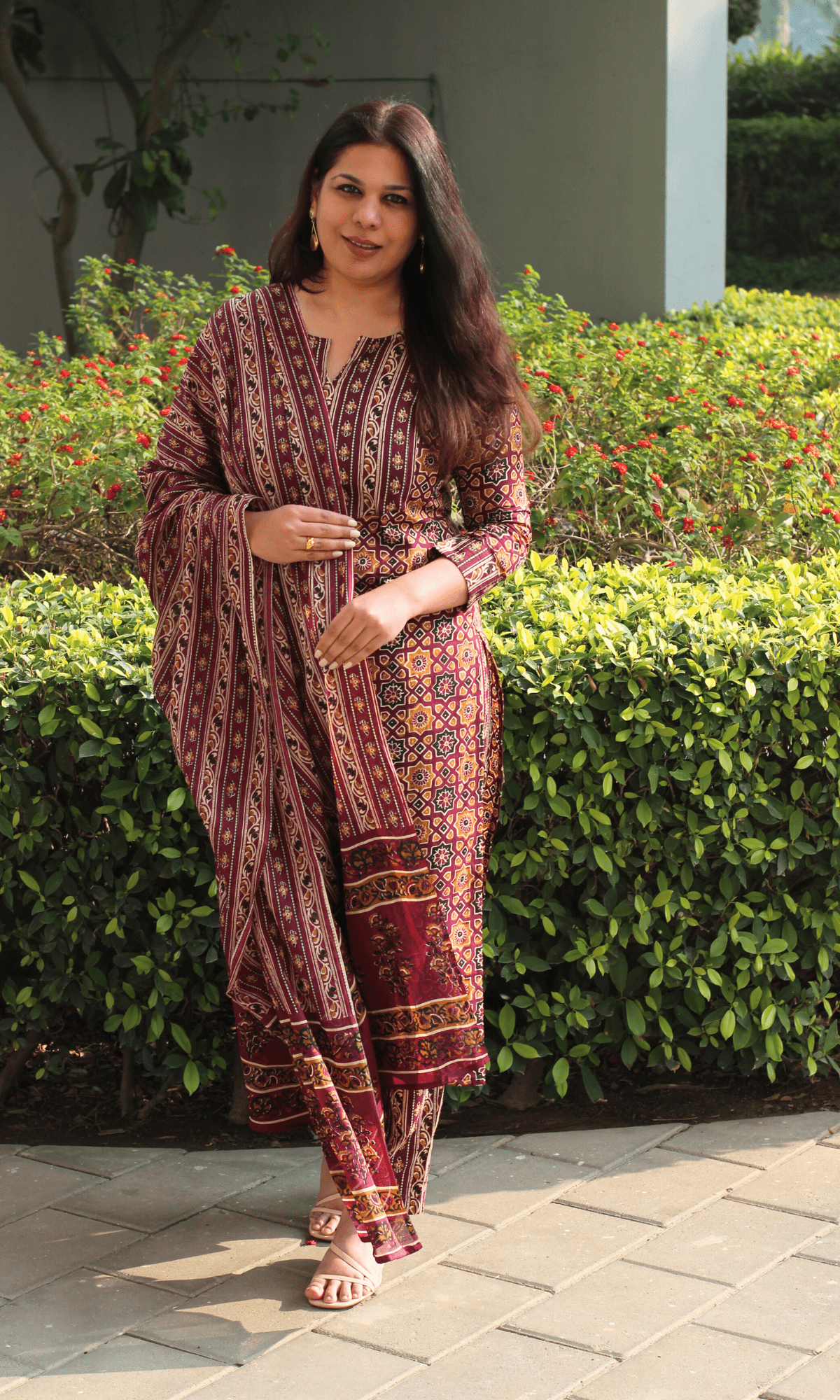 Cotton Burgundy & Yellow Ajrakh Print Suit With Cotton Dupatta - Baareeki