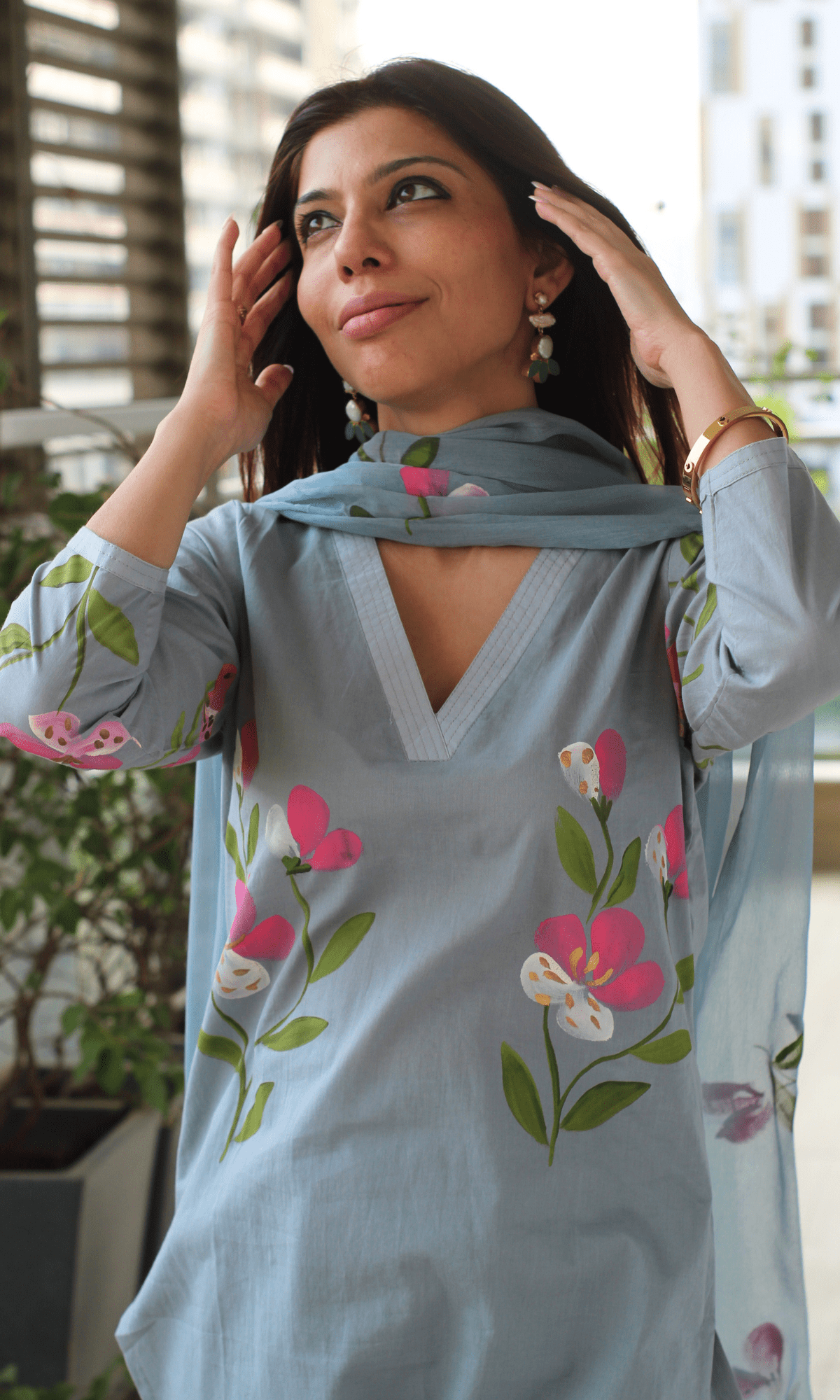 Cotton Carolina Blue Hand Painted suit with Chiffon Hand Painted Dupatta - Baareeki