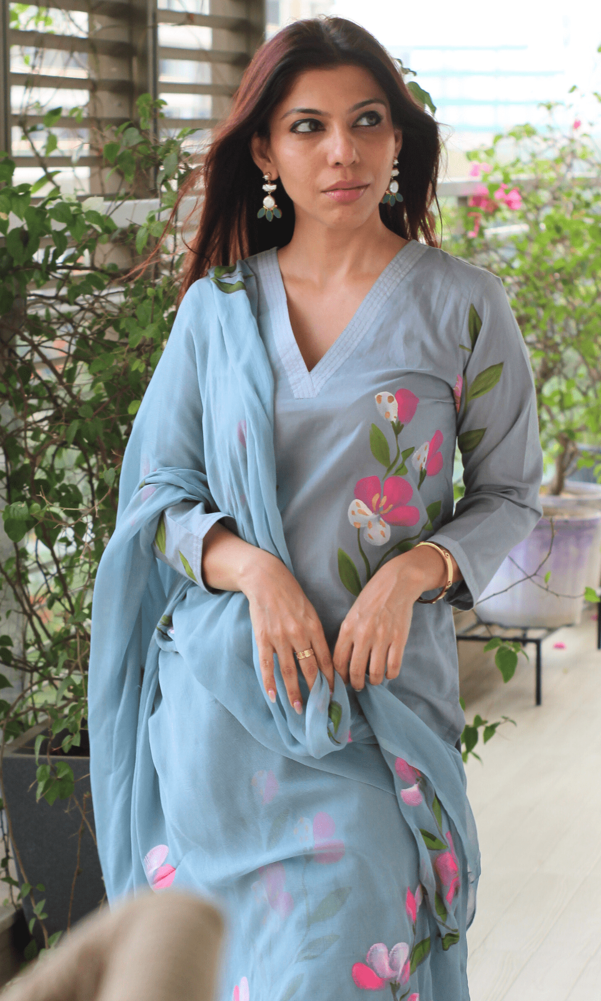 Cotton Carolina Blue Hand Painted suit with Chiffon Hand Painted Dupatta - Baareeki