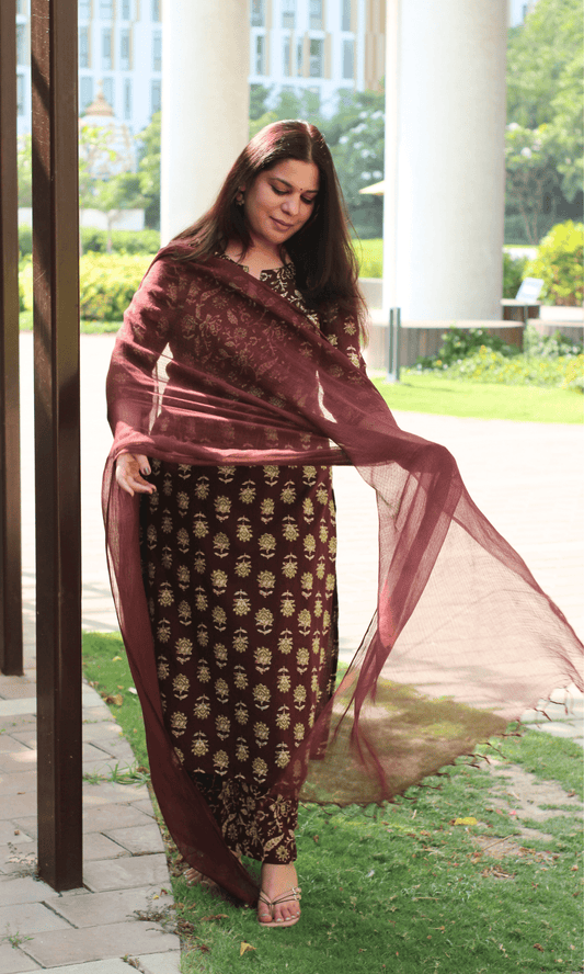 Cotton Chocolate Sanganeri Print Suit with Kota Doria Dupatta - Baareeki