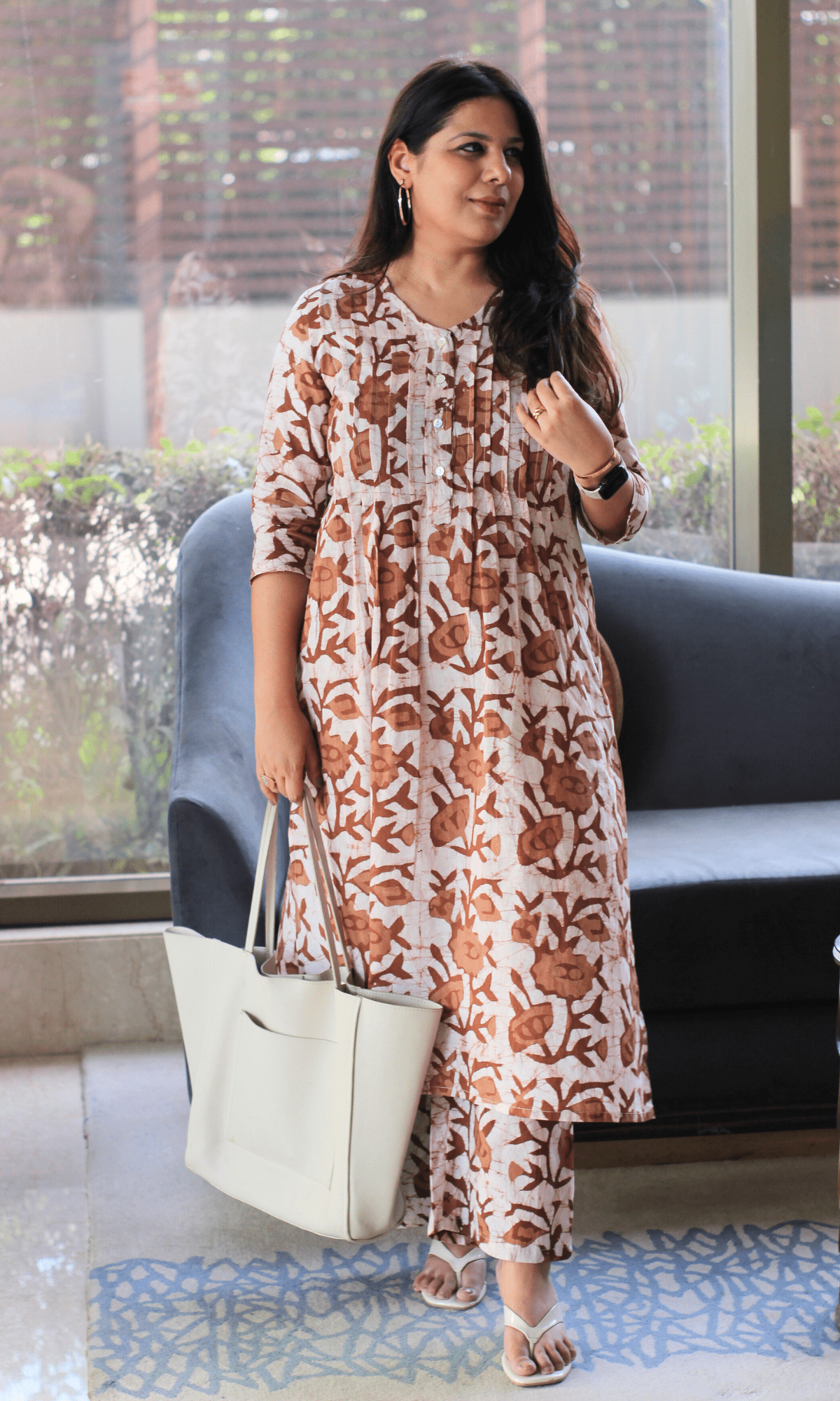 Cotton Coffee Earthy Handblock Printed Pleated Kurta & Pant Co - ord - Baareeki