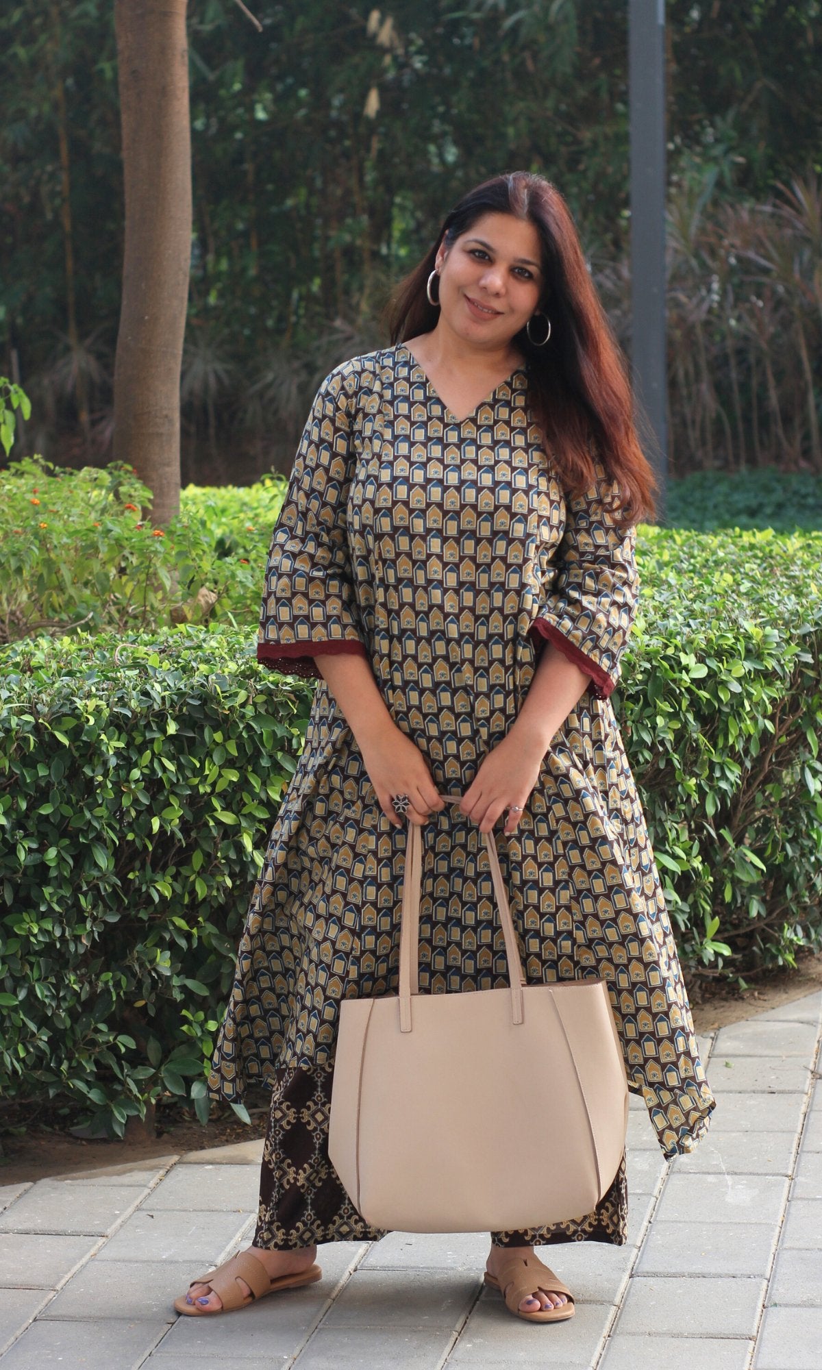 Cotton Dark Brown Ajrakh Palace Print High Low Kurta & Palazzo - Baareeki