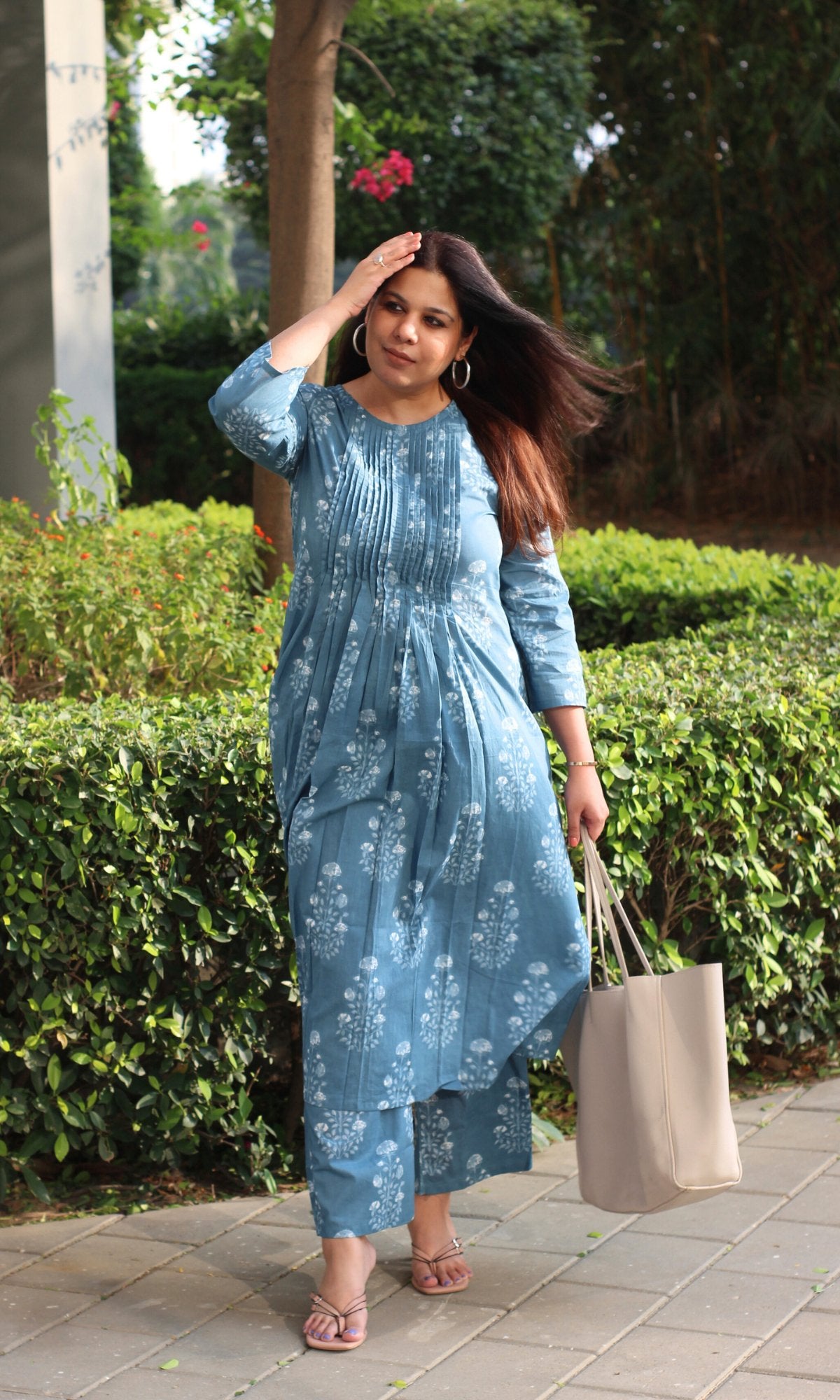 Cotton Deep Blue Pleated Co - ord - Baareeki