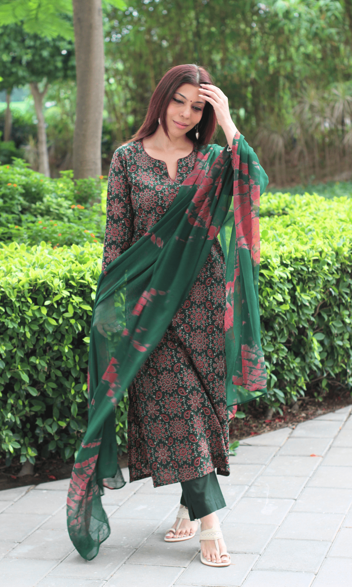 Cotton Deep Green & Red Ajrakh Print Kurta, Solid Pants & Shibori Chiffon Dupatta - Baareeki