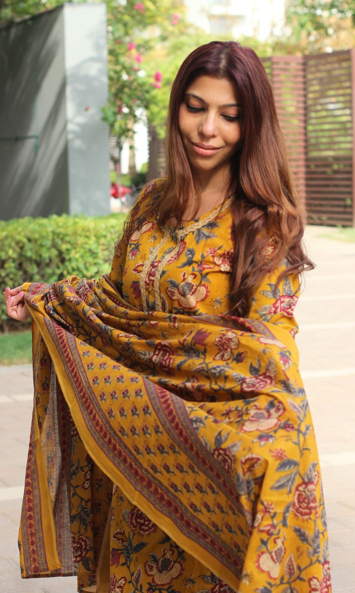 Cotton Deep Yellow Printed Suit Set with Printed Cotton Dupatta