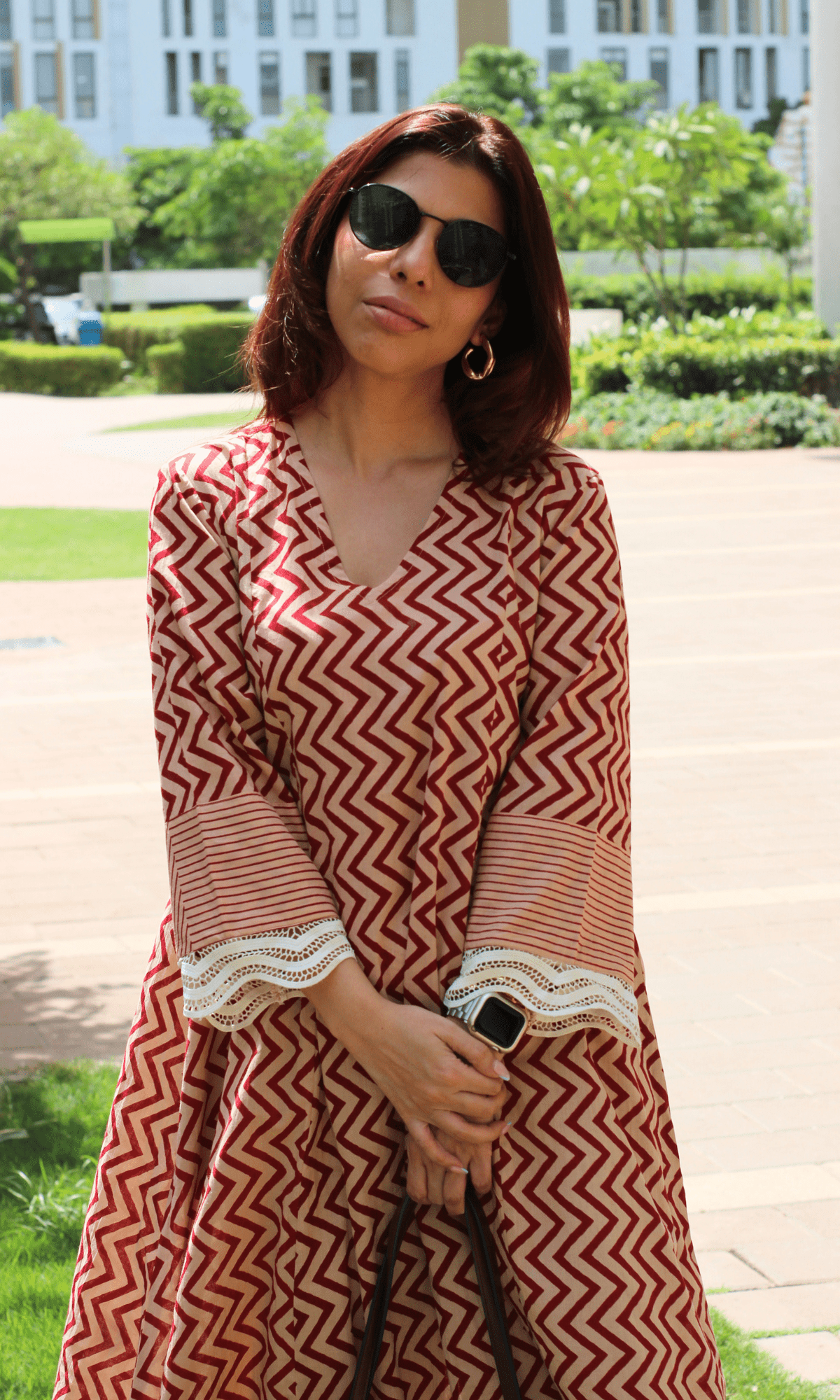 Cotton Earthy Red Zig Zest High Low Kurta & Pants - Baareeki