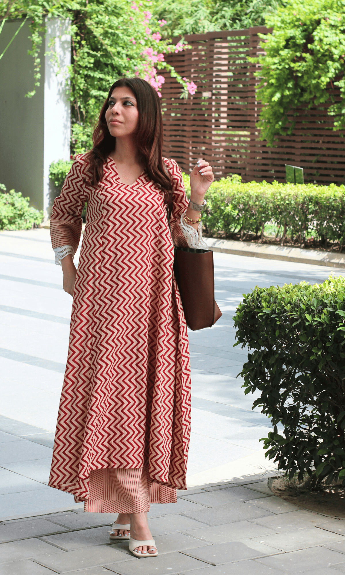 Cotton Earthy Red Zig Zest High Low Kurta & Pants - Baareeki