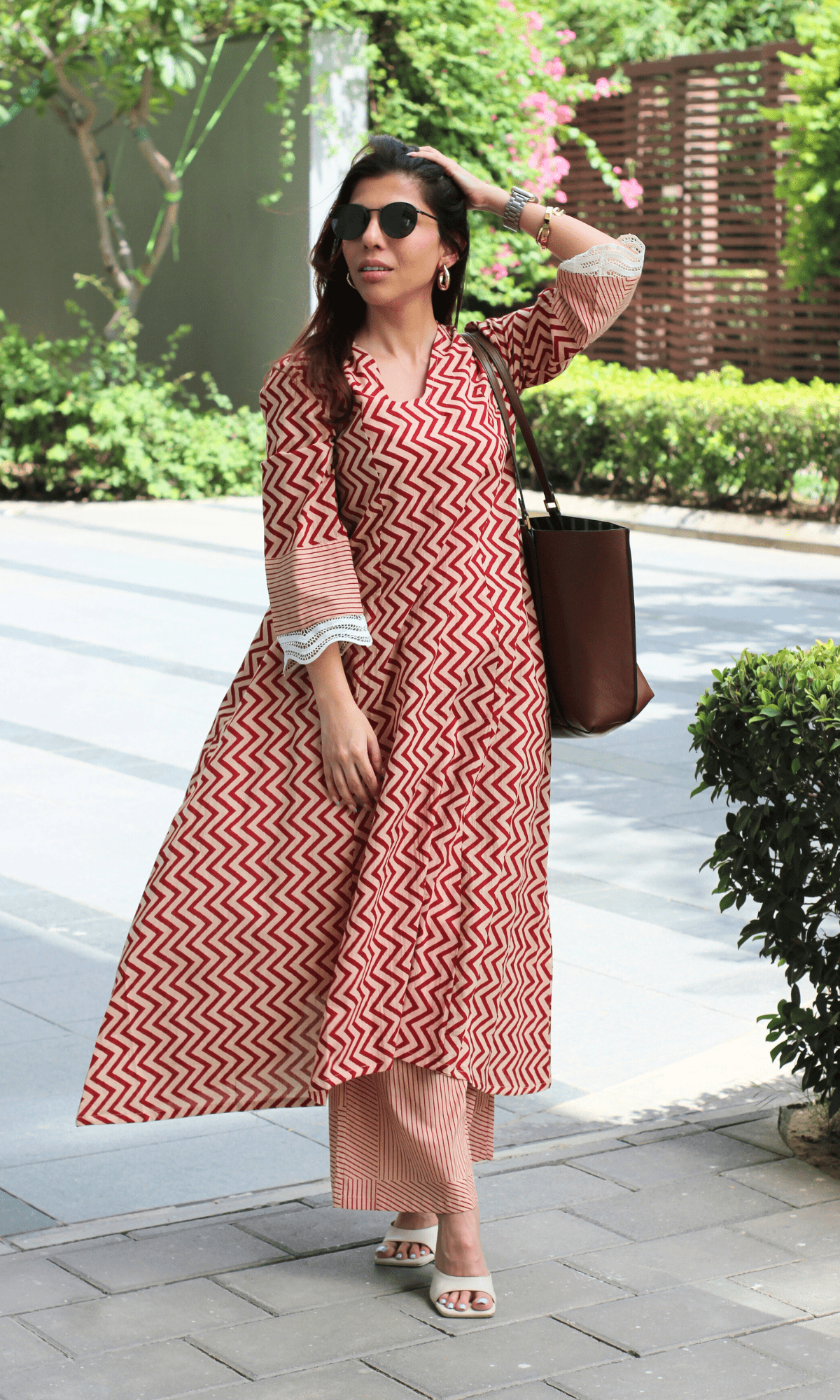 Cotton Earthy Red Zig Zest High Low Kurta & Pants - Baareeki