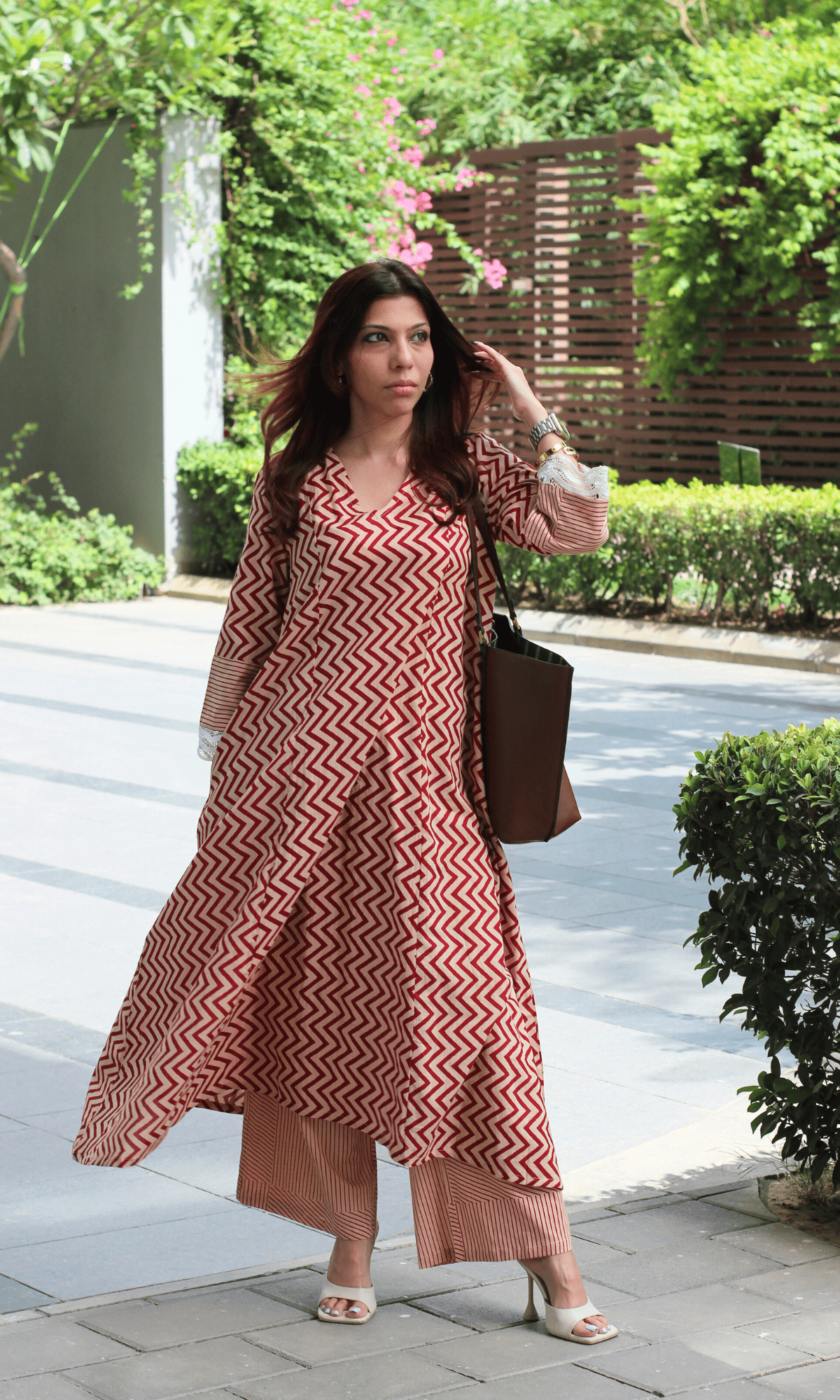Cotton Earthy Red Zig Zest High Low Kurta & Pants - Baareeki