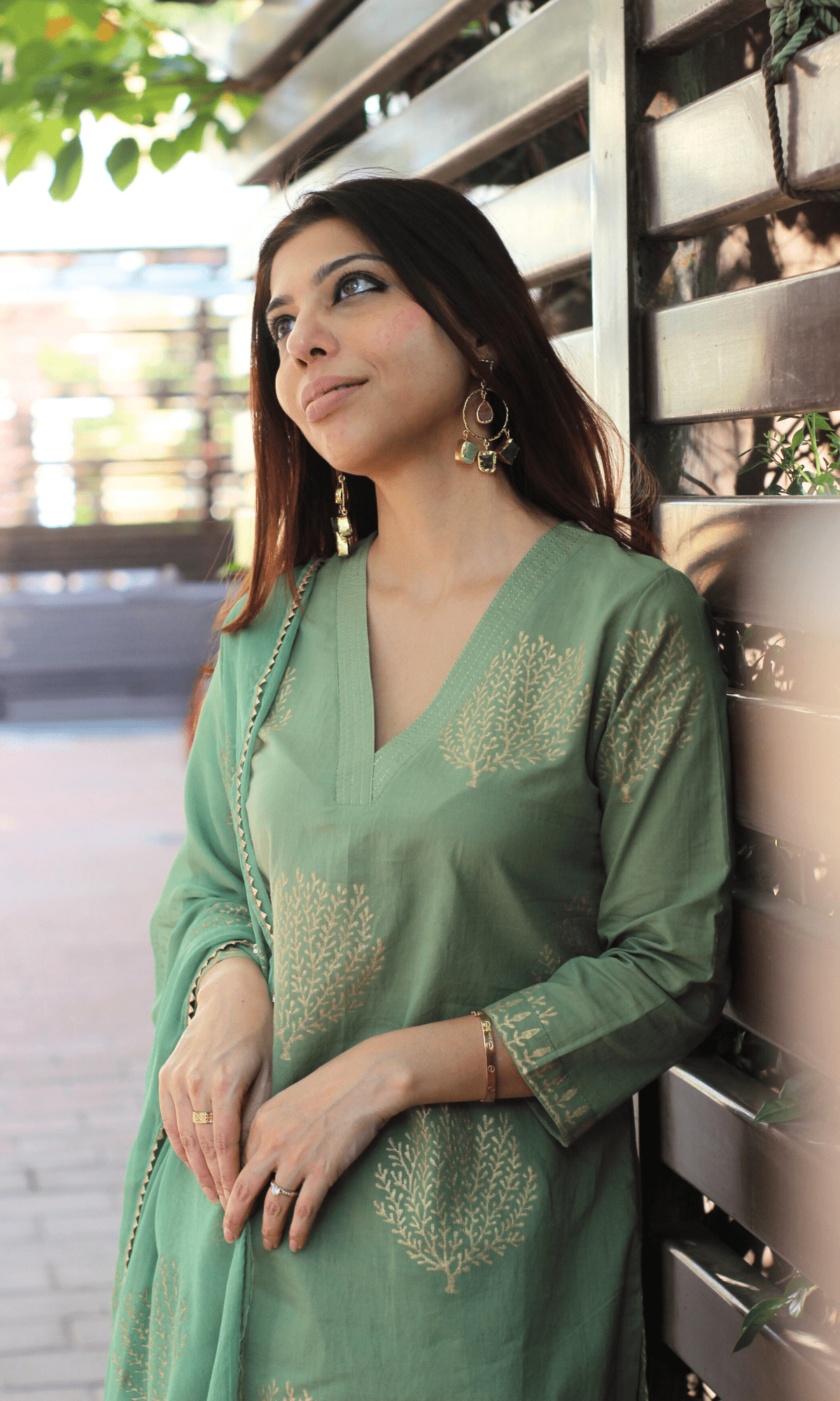 Cotton Fern & Gold Handblock Suit with Chiffon Gold Laced Dupatta - Baareeki