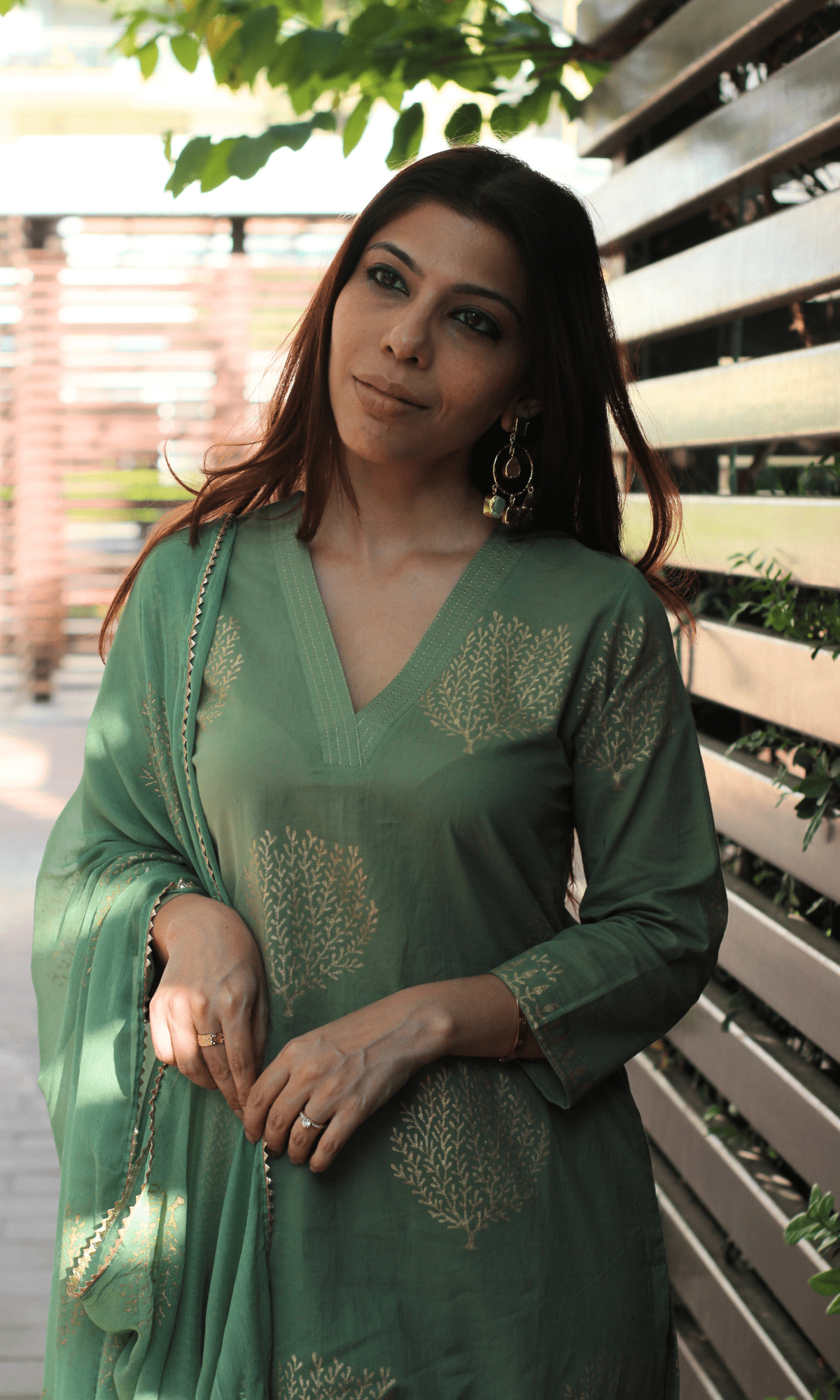 Cotton Fern & Gold Handblock Suit with Chiffon Gold Laced Dupatta - Baareeki