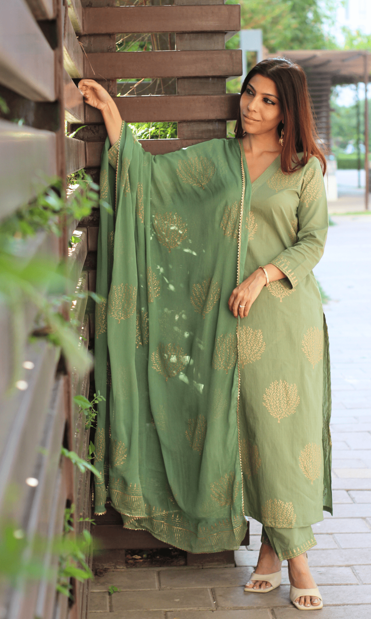Cotton Fern & Gold Handblock Suit with Chiffon Gold Laced Dupatta - Baareeki