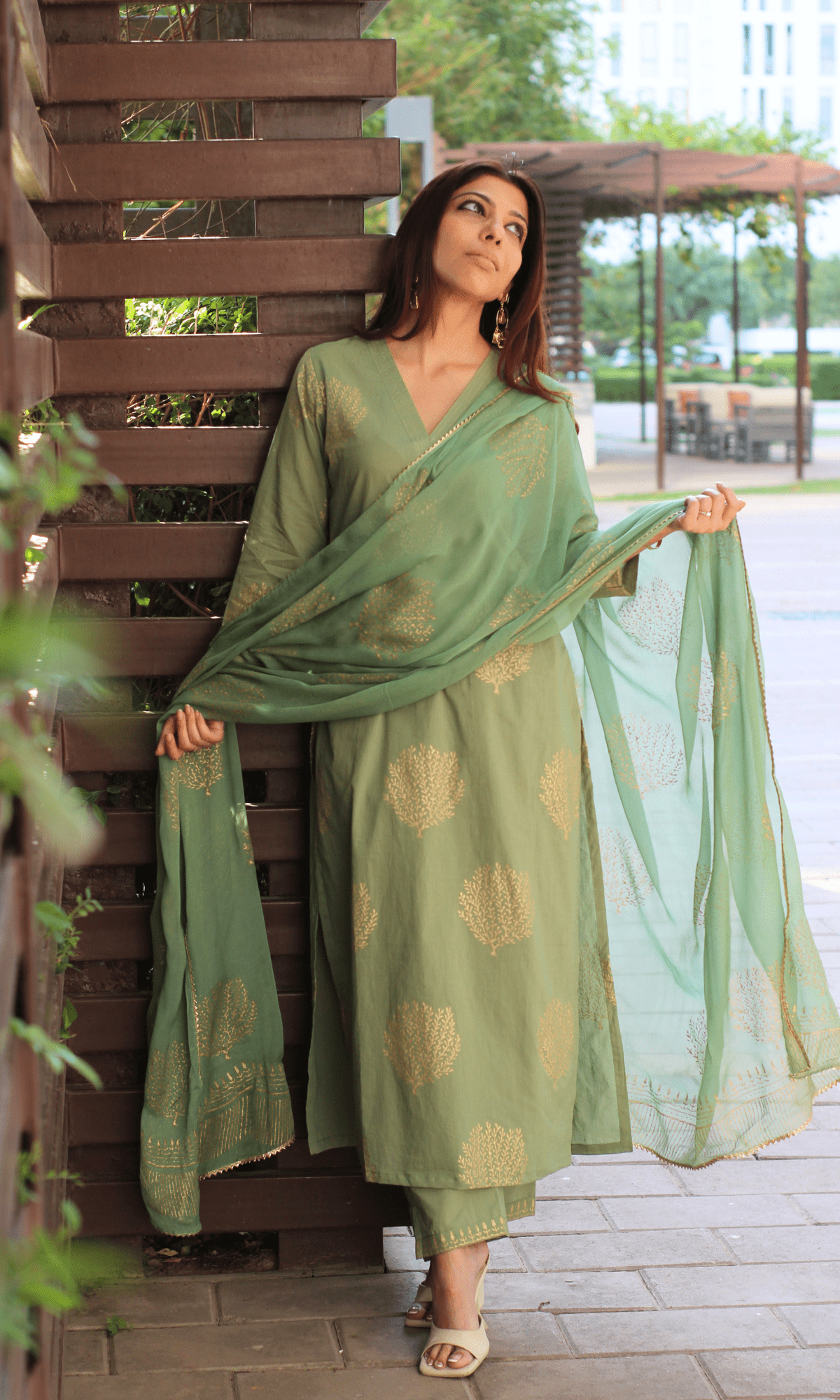 Cotton Fern & Gold Handblock Suit with Chiffon Gold Laced Dupatta - Baareeki