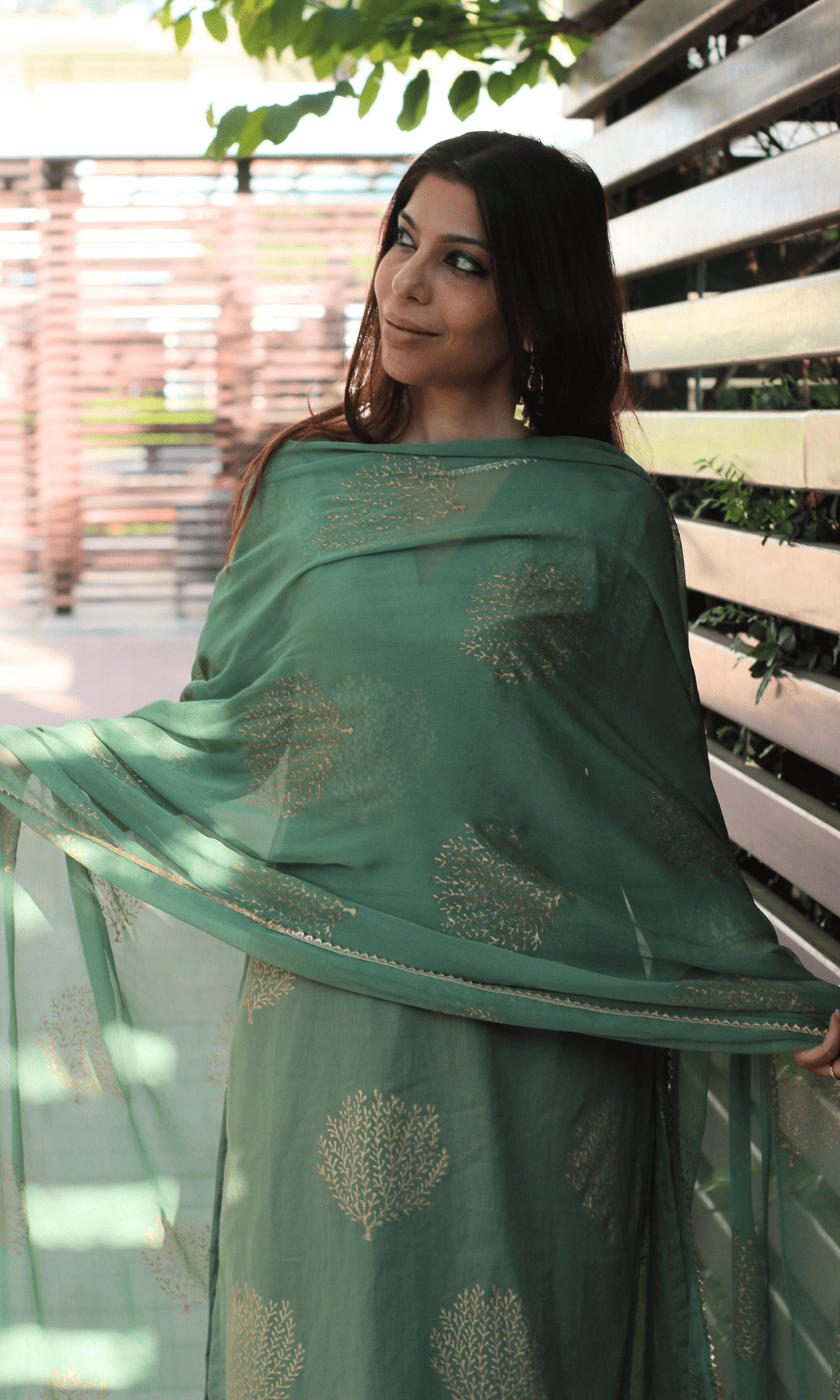 Cotton Fern & Gold Handblock Suit with Chiffon Gold Laced Dupatta - Baareeki