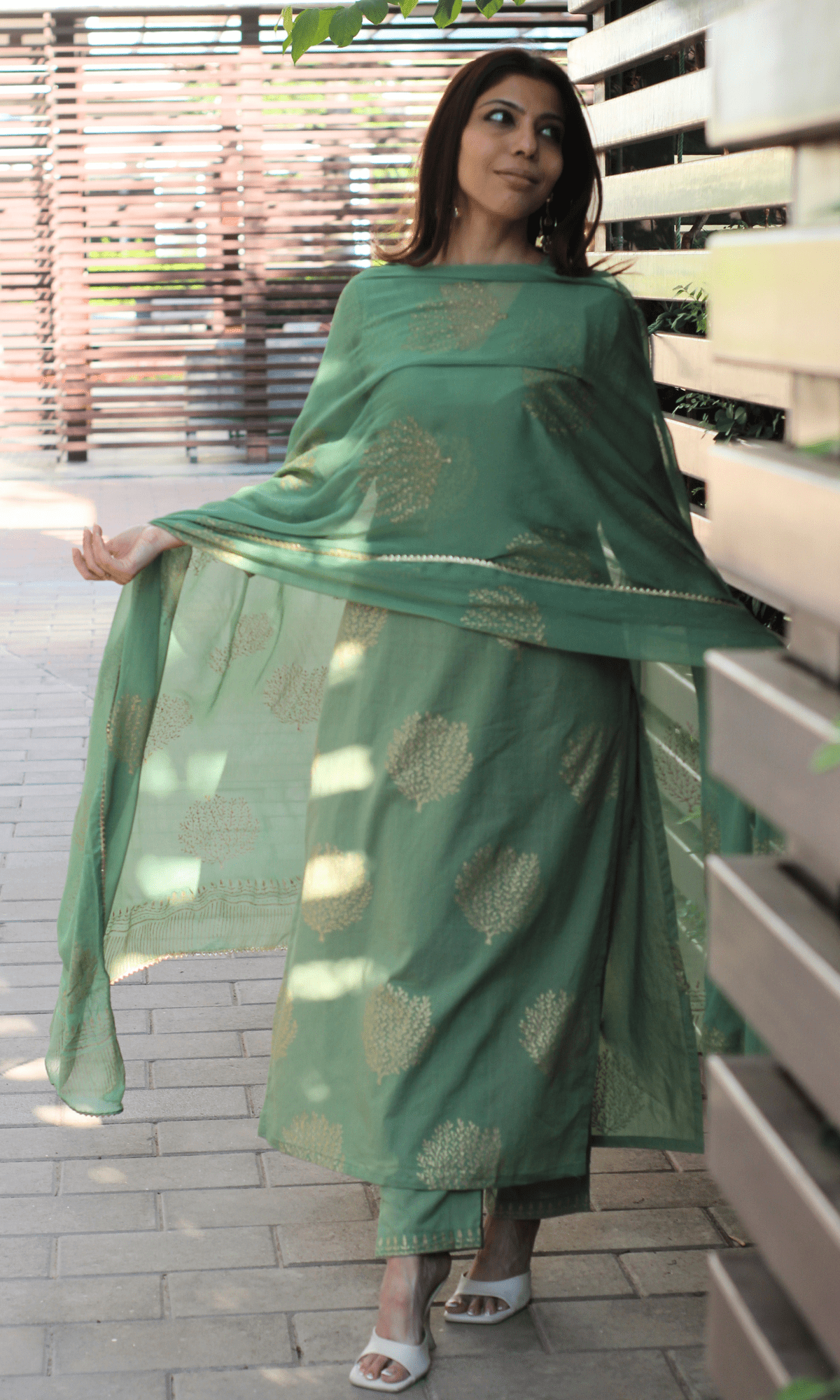Cotton Fern & Gold Handblock Suit with Chiffon Gold Laced Dupatta - Baareeki