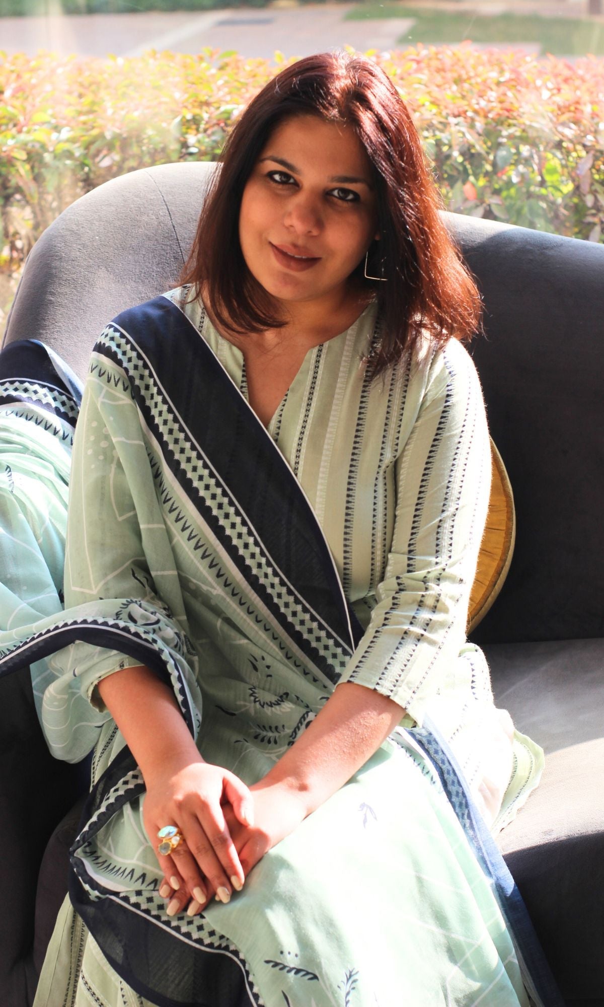 Cotton Fern & Navy Vertical Print Kurta & Mul Printed Dupatta - Baareeki