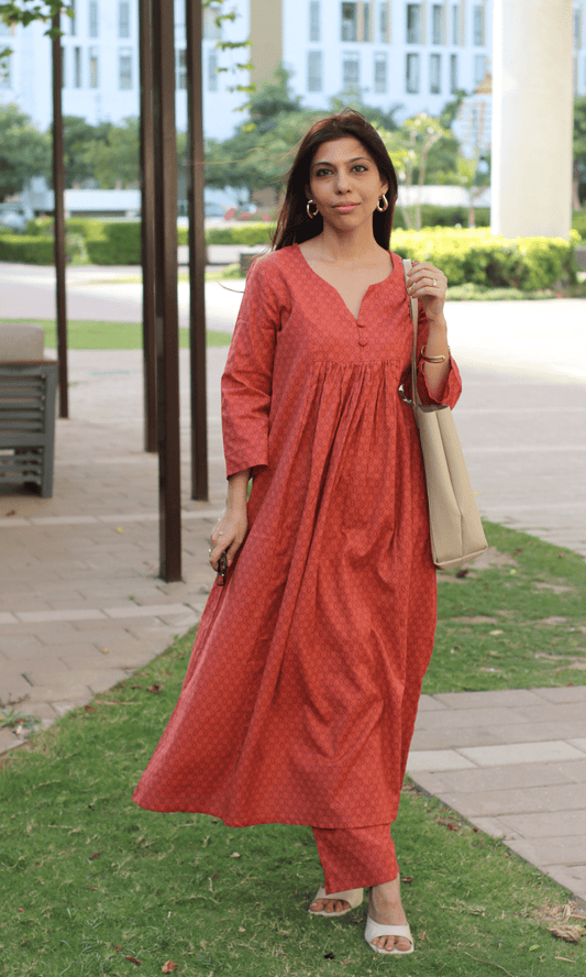 Cotton Flex Burnt Orange Buttoned Pleated Co - ord - Baareeki