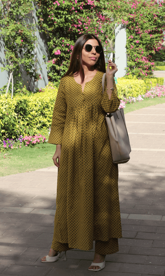 Cotton Flex Mustard Printed Buttoned Pleated Co - ord - Baareeki