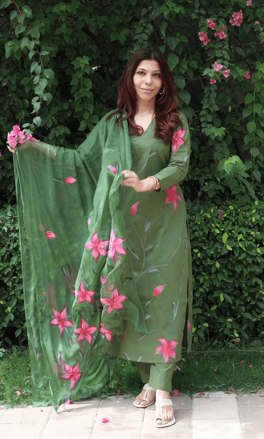 Cotton Forest Green & Pink Hand Brush Painted Suit with Chiffon Handpainted Dupatta - Baareeki