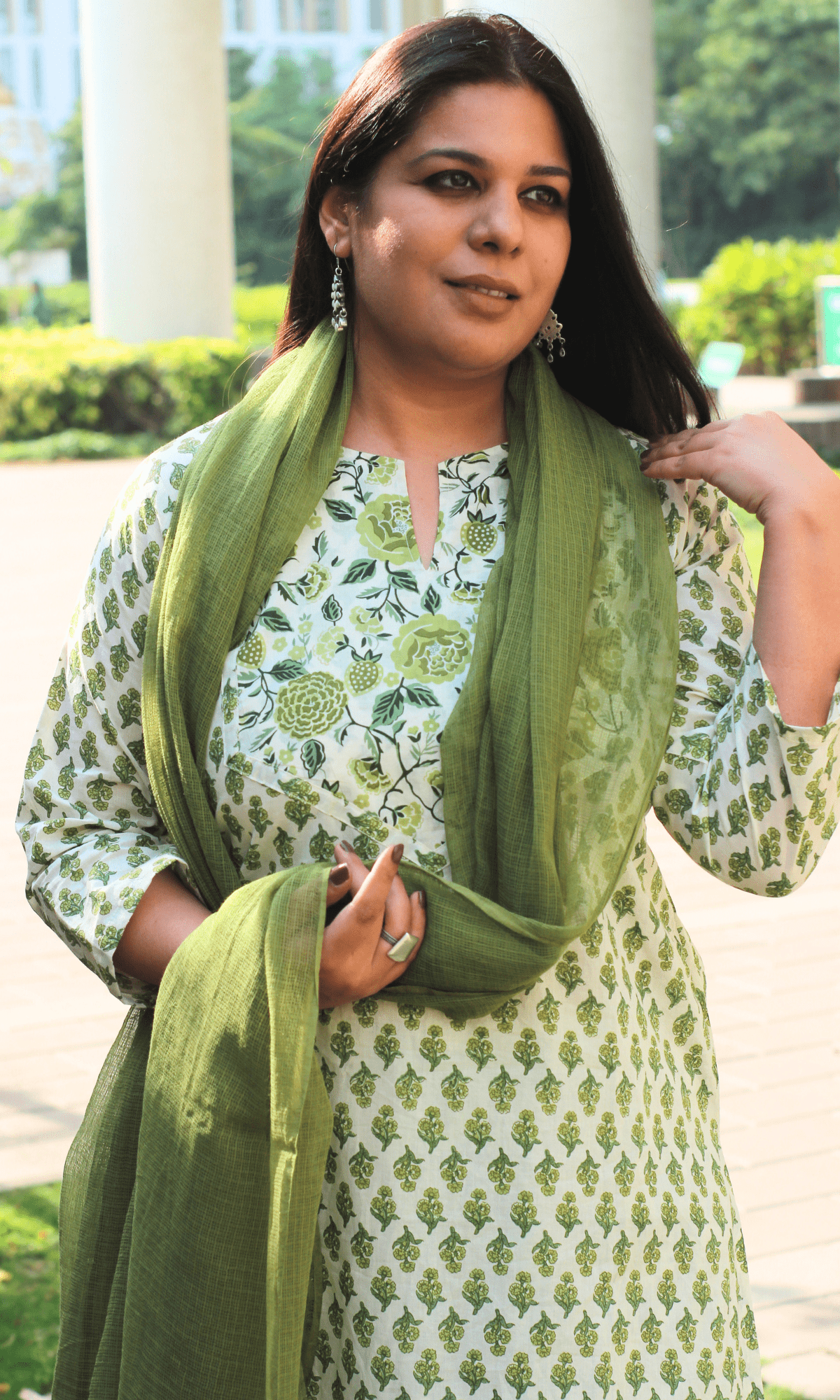 Cotton Garden Green Printed Kurta, Pant with Kota Doria Dupatta - Baareeki